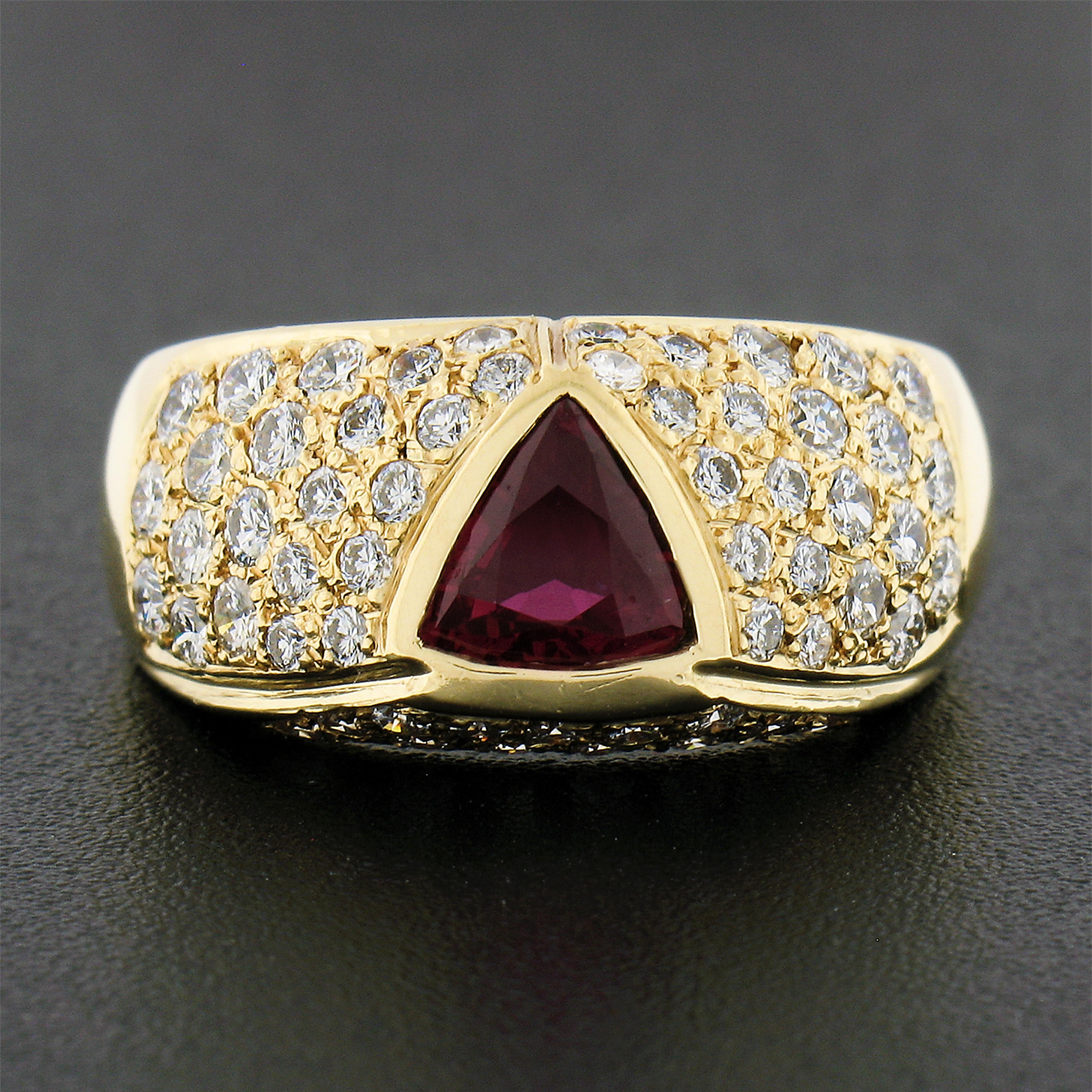 Trillion Cut 18K Yellow Gold GIA Bezel Triangular Ruby Solitaire Pave Diamond Dome Band Ring For Sale