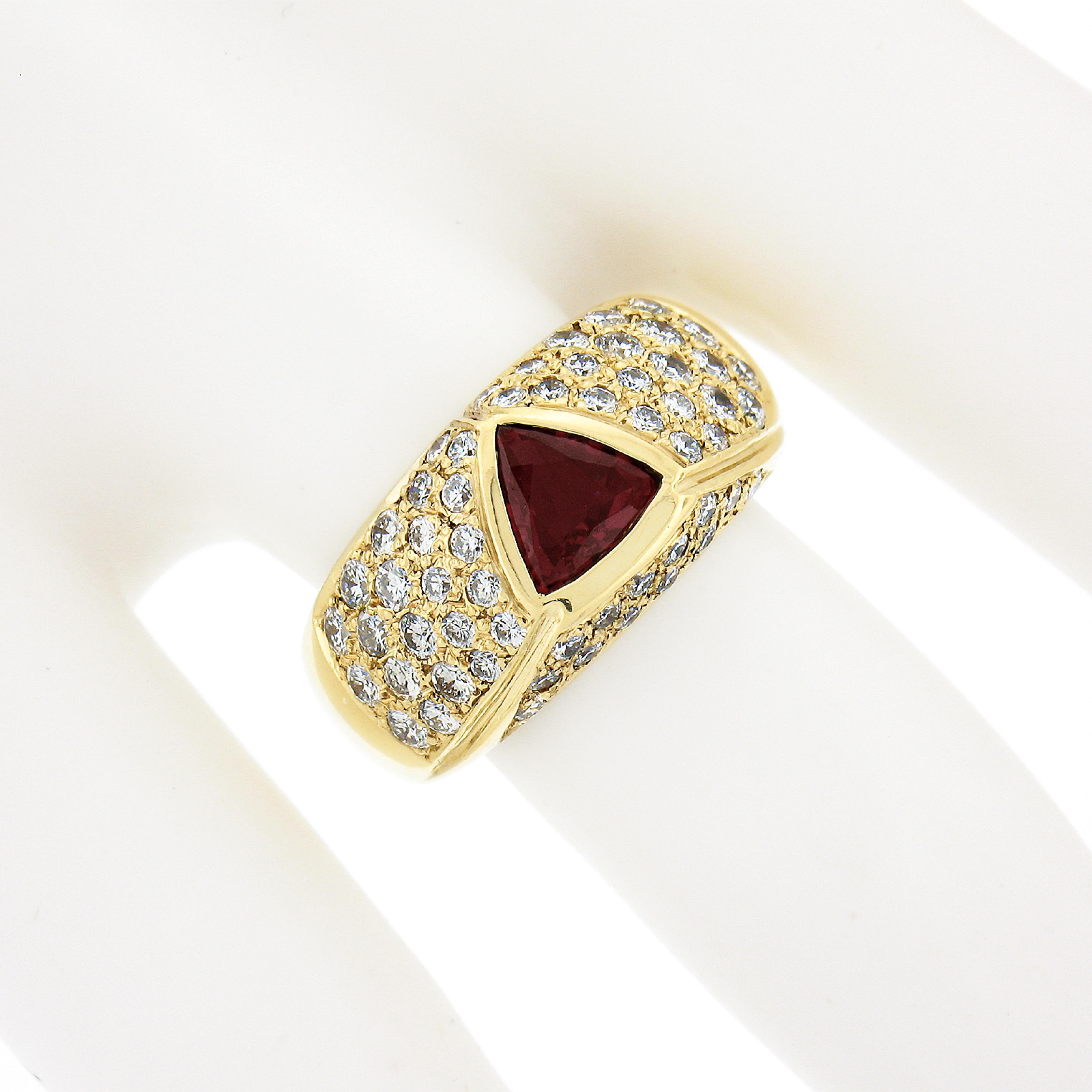 18K Yellow Gold GIA Bezel Triangular Ruby Solitaire Pave Diamond Dome Band Ring In Good Condition For Sale In Montclair, NJ