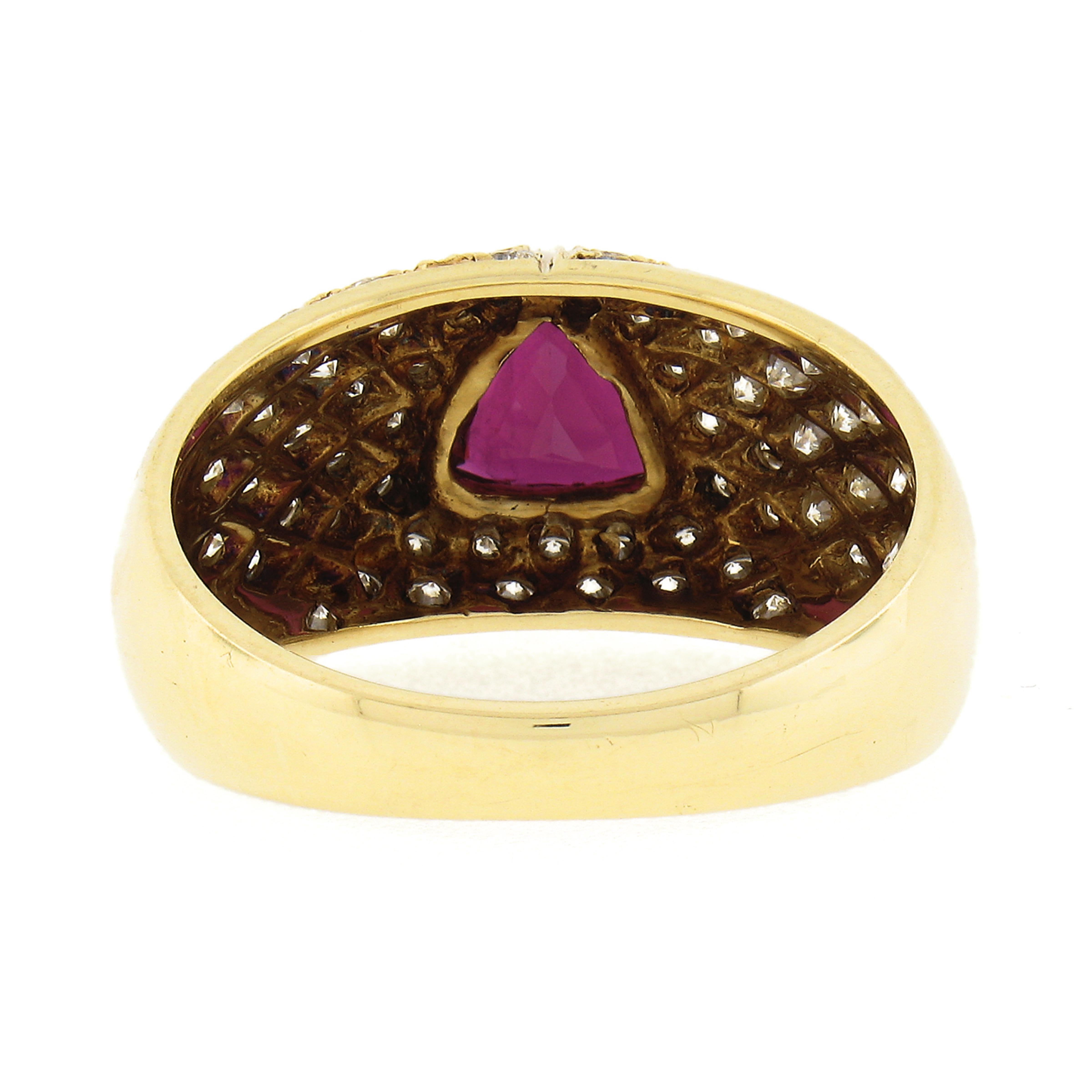 18K Yellow Gold GIA Bezel Triangular Ruby Solitaire Pave Diamond Dome Band Ring For Sale 2