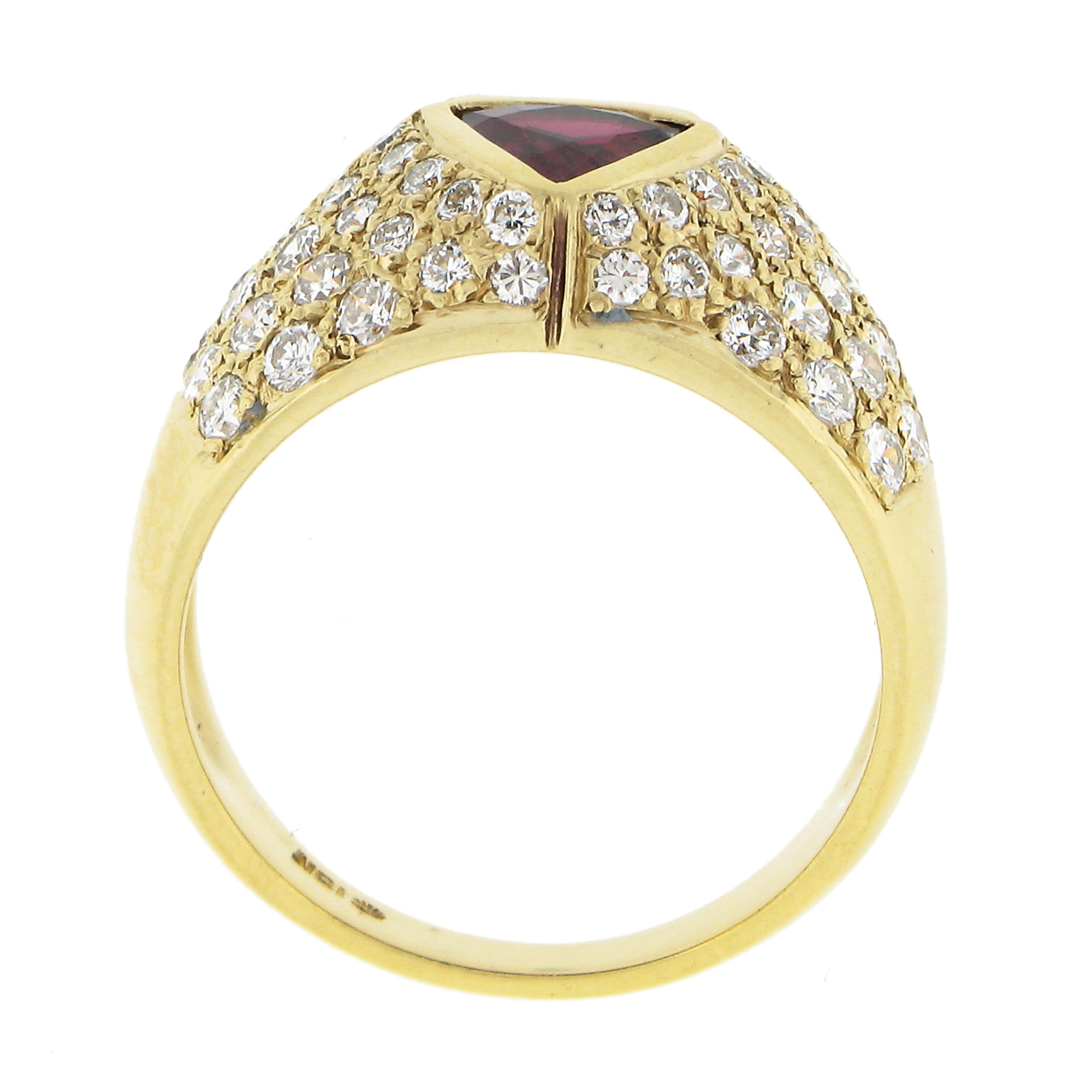 18K Yellow Gold GIA Bezel Triangular Ruby Solitaire Pave Diamond Dome Band Ring For Sale 3