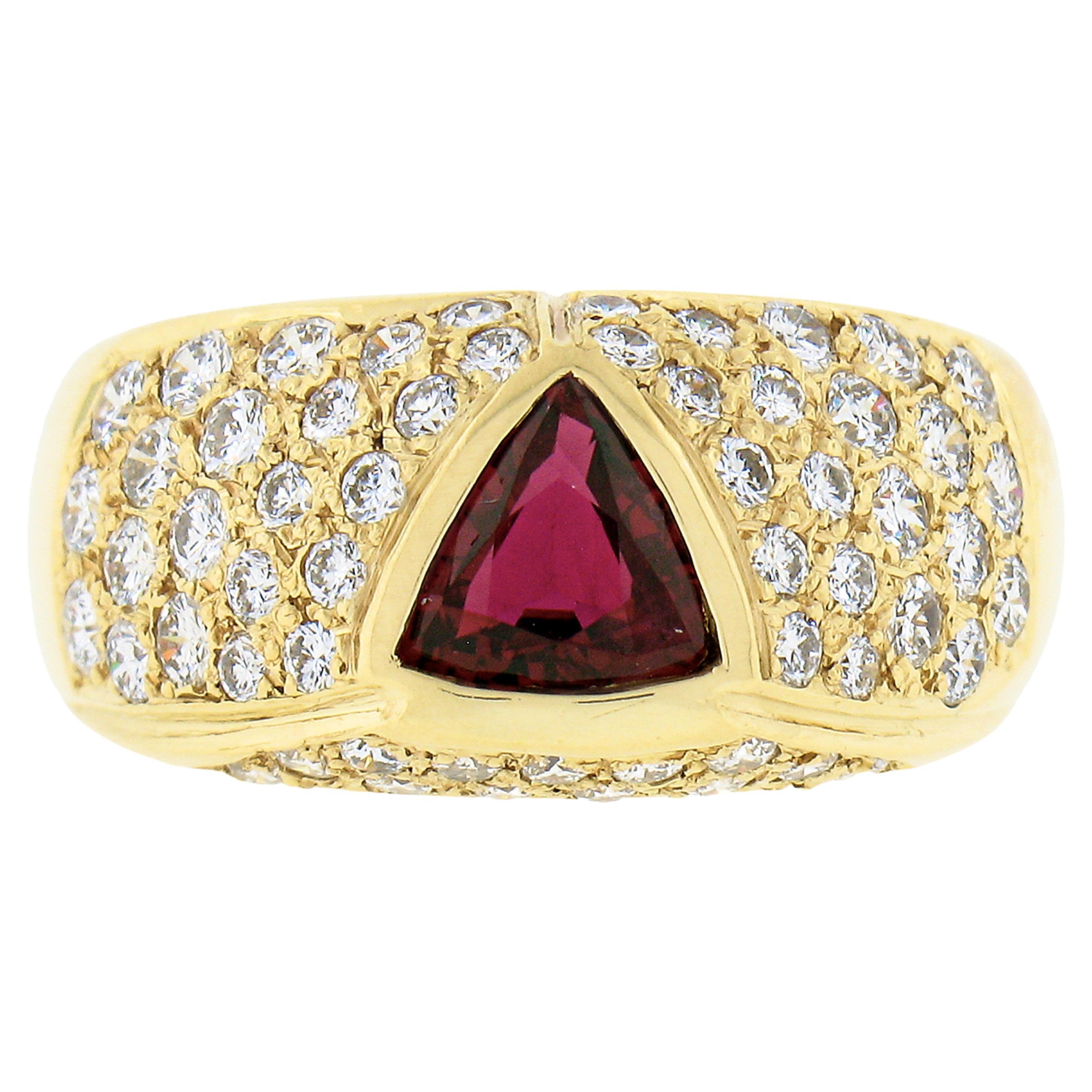 18K Yellow Gold GIA Bezel Triangular Ruby Solitaire Pave Diamond Dome Band Ring For Sale
