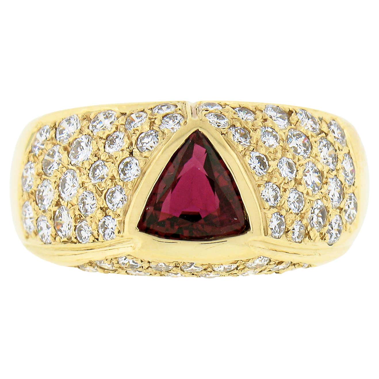 18K Yellow Gold GIA Bezel Triangular Ruby Solitaire Pave Diamond Dome ...