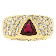 Vintage 18K Yellow Gold GIA Bezel Triangular Ruby Solitaire Pave Diamond Dome Band Ring