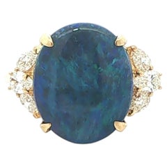 18k Yellow Gold GIA Black Opal Blue Green Play of Colors Pear Diamond Sides Ring