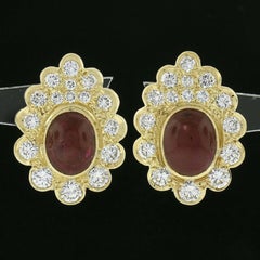 18k Yellow Gold GIA Burma No Heat Cabochon Ruby w/ Diamond Scalloped Earrings