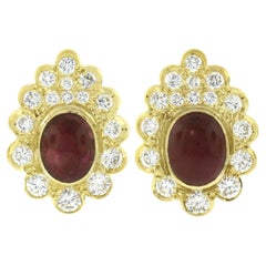 18k Yellow Gold GIA Burma No Heat Cabochon Ruby w/ Diamond Scalloped Earrings