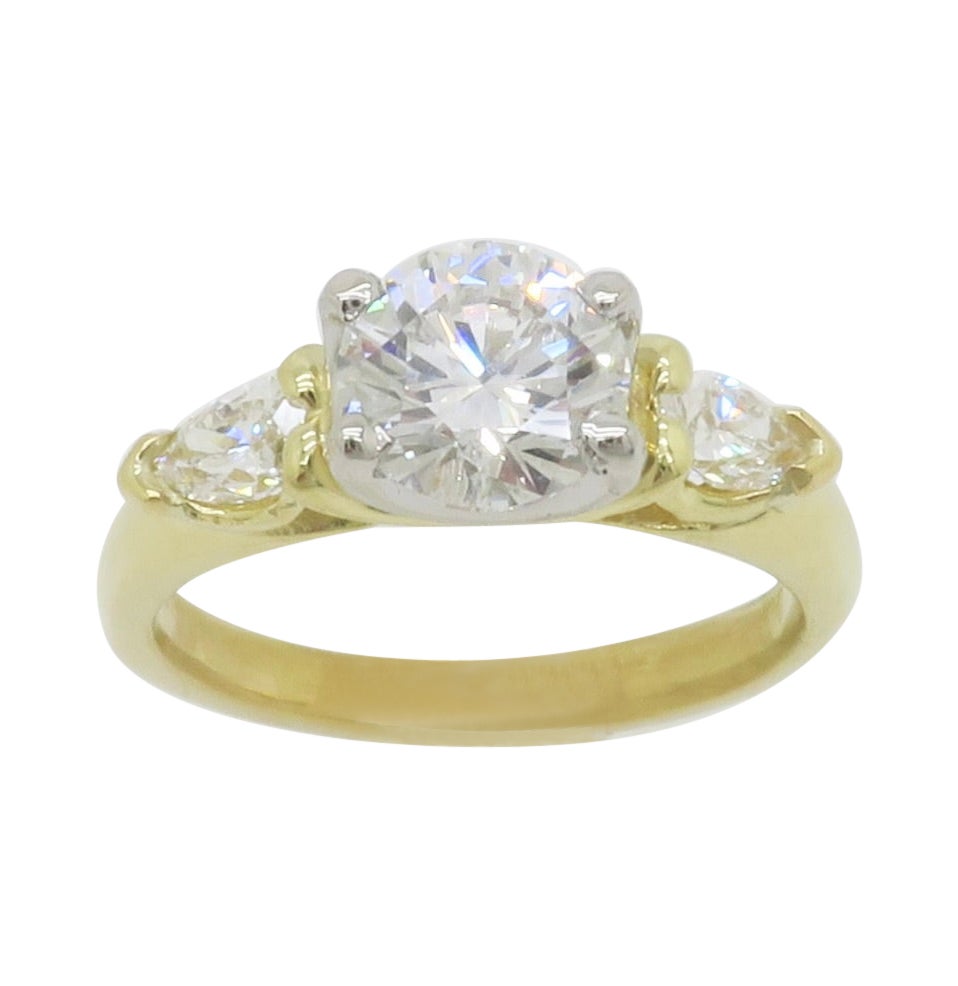 18k Yellow Gold GIA Certified 1.35CTW Diamond Ring with Pear Accent Diamonds
