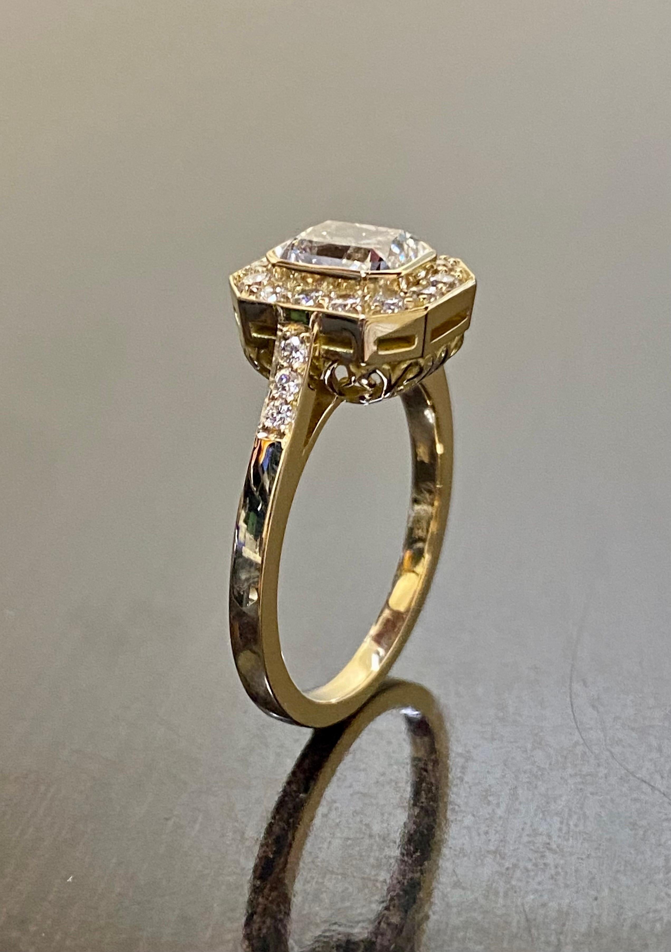 DeKara Designs Collection

Metal- 18K Yellow Gold, .750.

Stones- GIA Certified Radiant Cut Diamond J Color SI2 Clarity 1.50 Carats, 20 Round Diamonds G-H Color VS2 Clarity 0.36 Carats.

Entirely handmade, modern and timeless 18K yellow gold Radiant