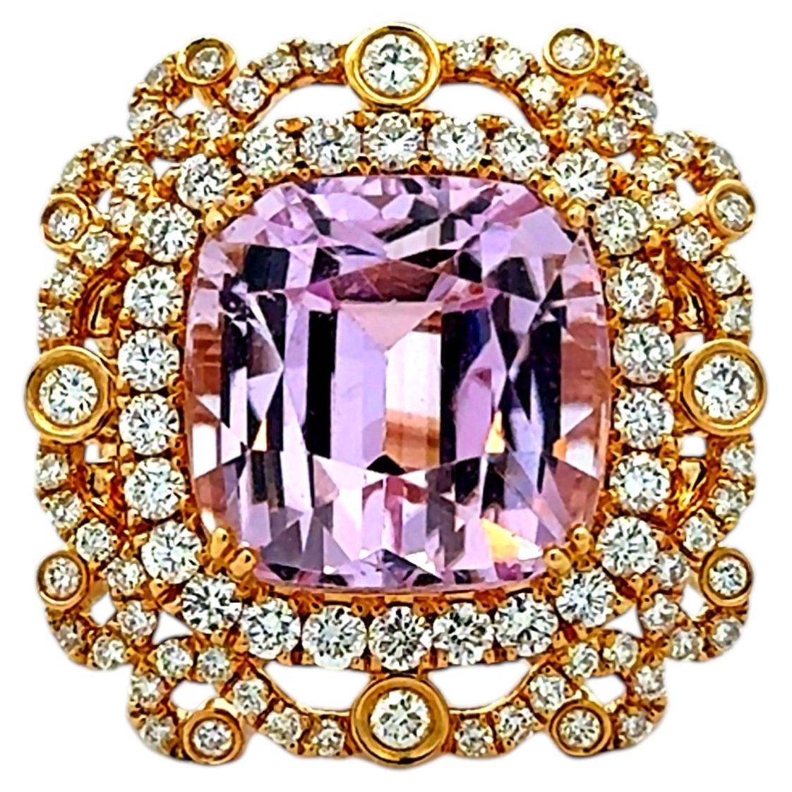 18k Yellow Gold GIA Certified 17.51ct Kunzite and 1.97ctw Diamond Halo Ring For Sale