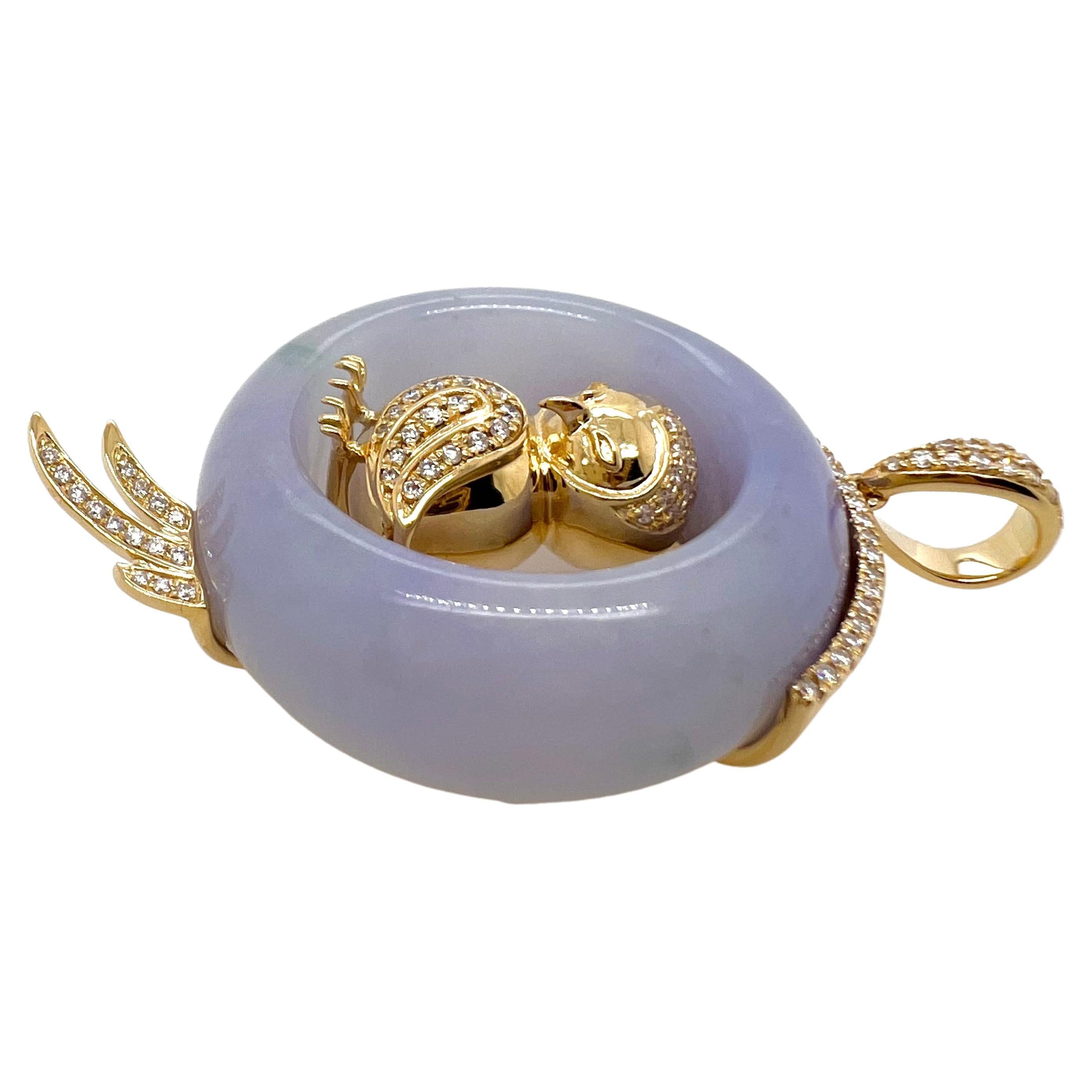 Contemporary 18k Yellow Gold GIA-Certified Lavender Jadeite with Diamonds OWL For Sale