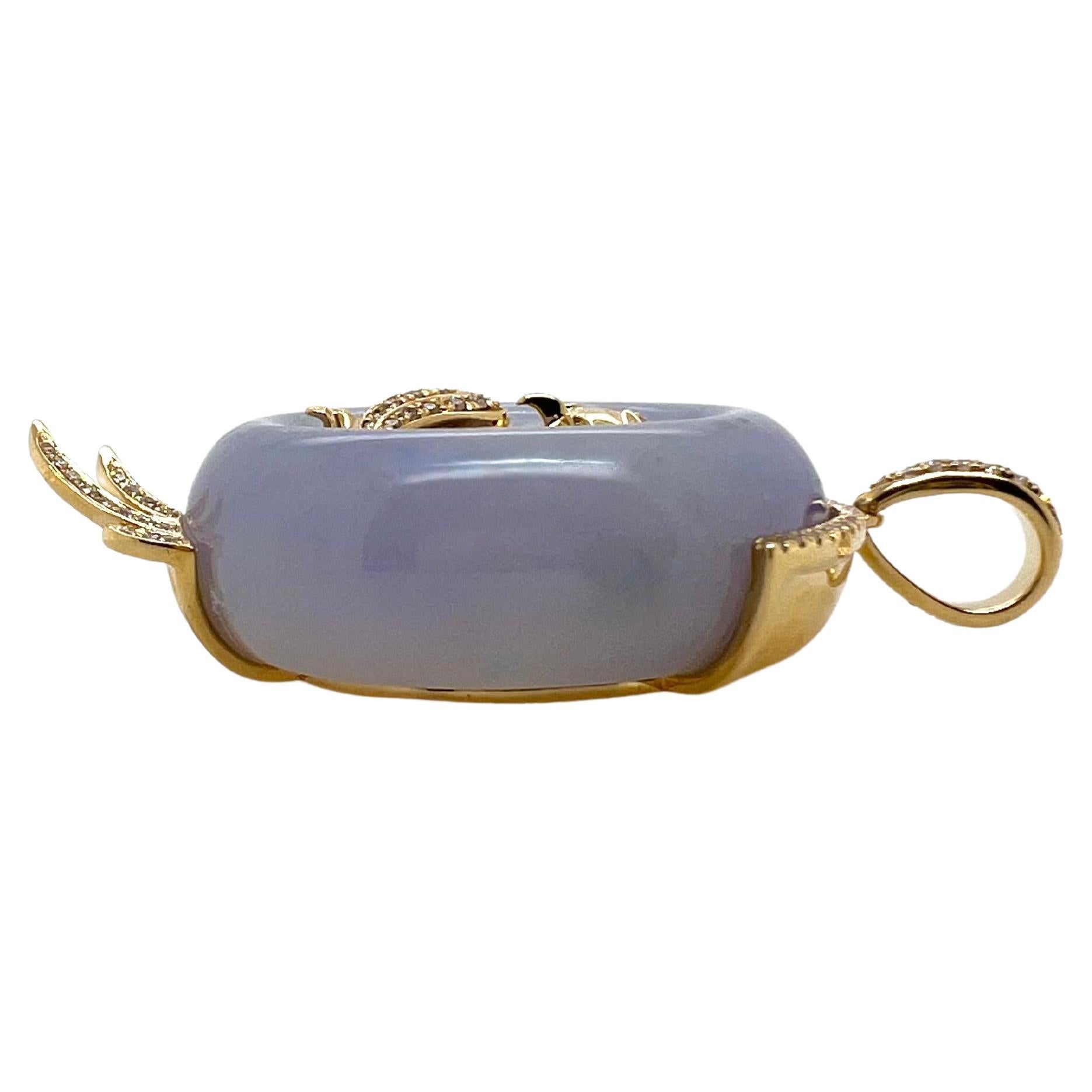 Round Cut 18k Yellow Gold GIA-Certified Lavender Jadeite with Diamonds OWL For Sale