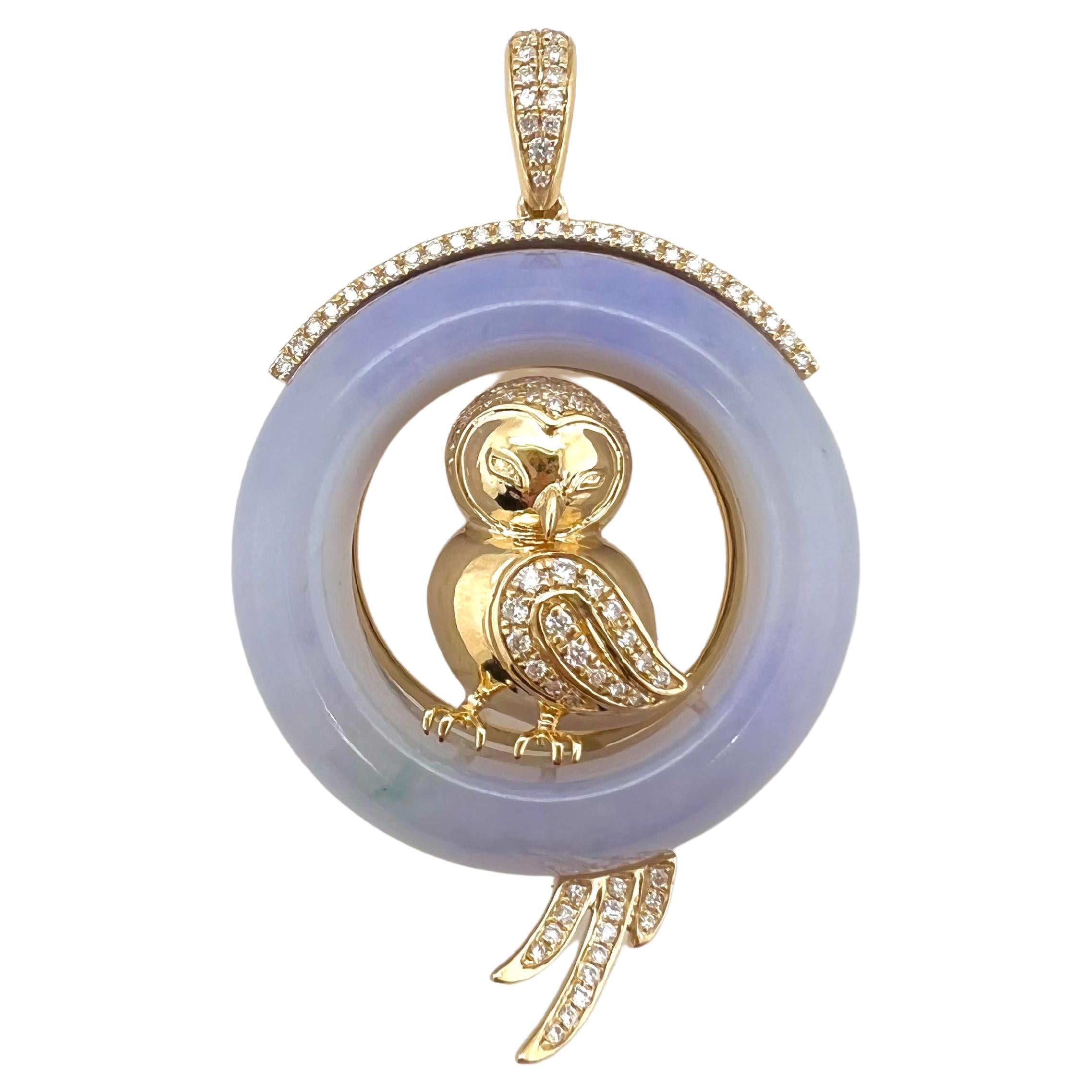 18k Yellow Gold GIA-Certified Lavender Jadeite with Diamonds OWL For Sale