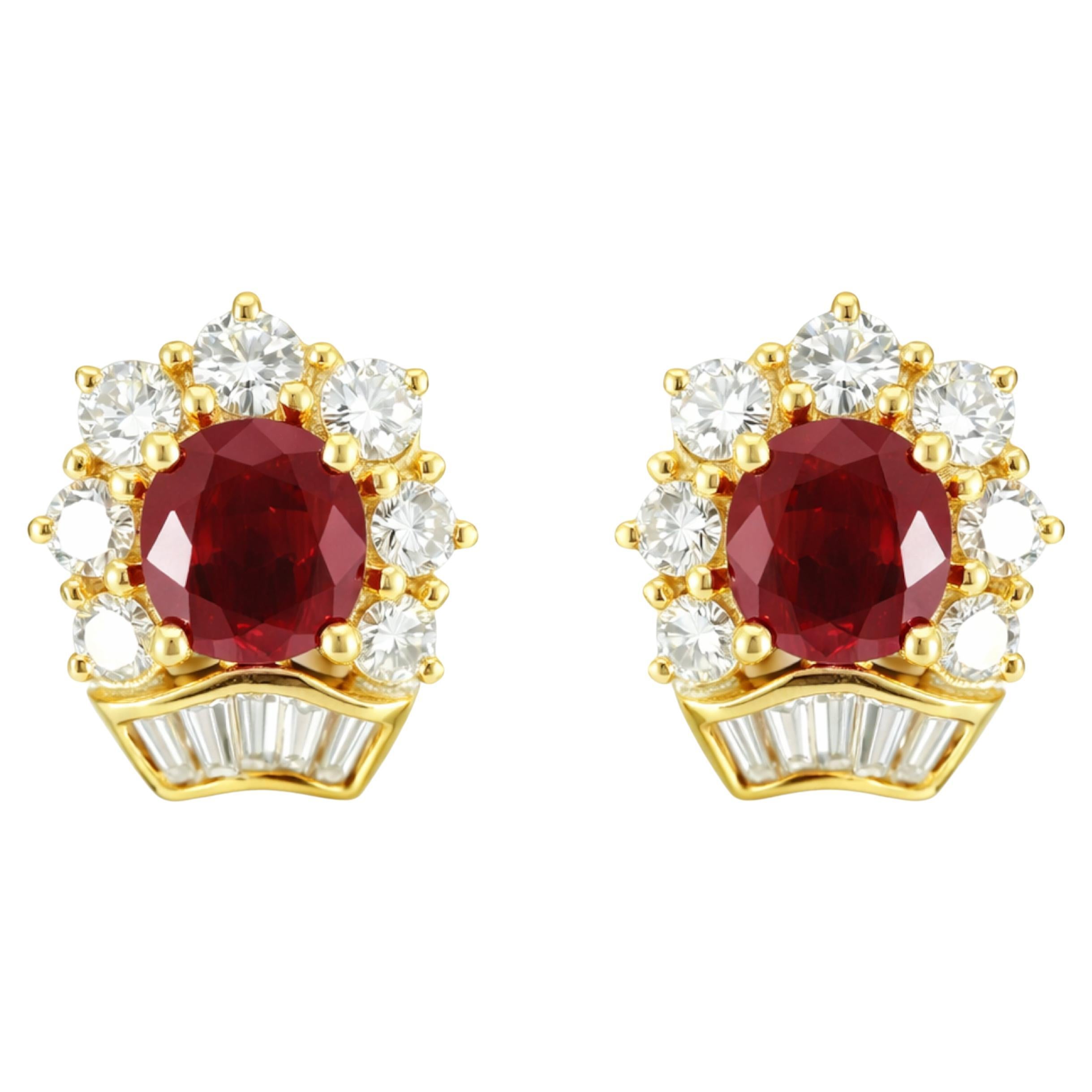 18K Yellow Gold GIA Certified Natural Ruby & Diamond Earrings, 3.20 Carats For Sale