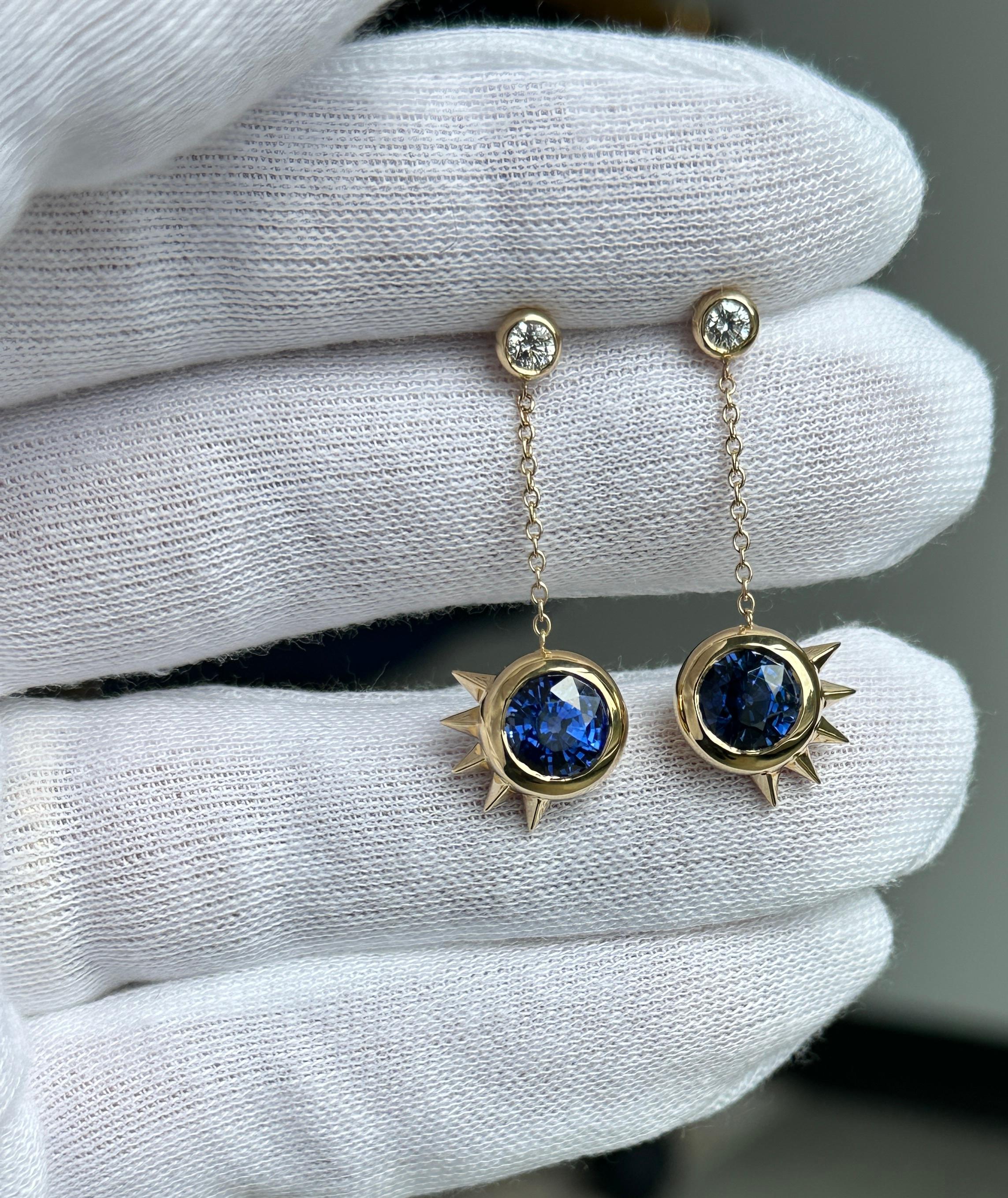 Taglio rotondo Orecchini pendenti in oro giallo 18 carati con zaffiro e diamante dello Sri Lanka certificati GIA in vendita