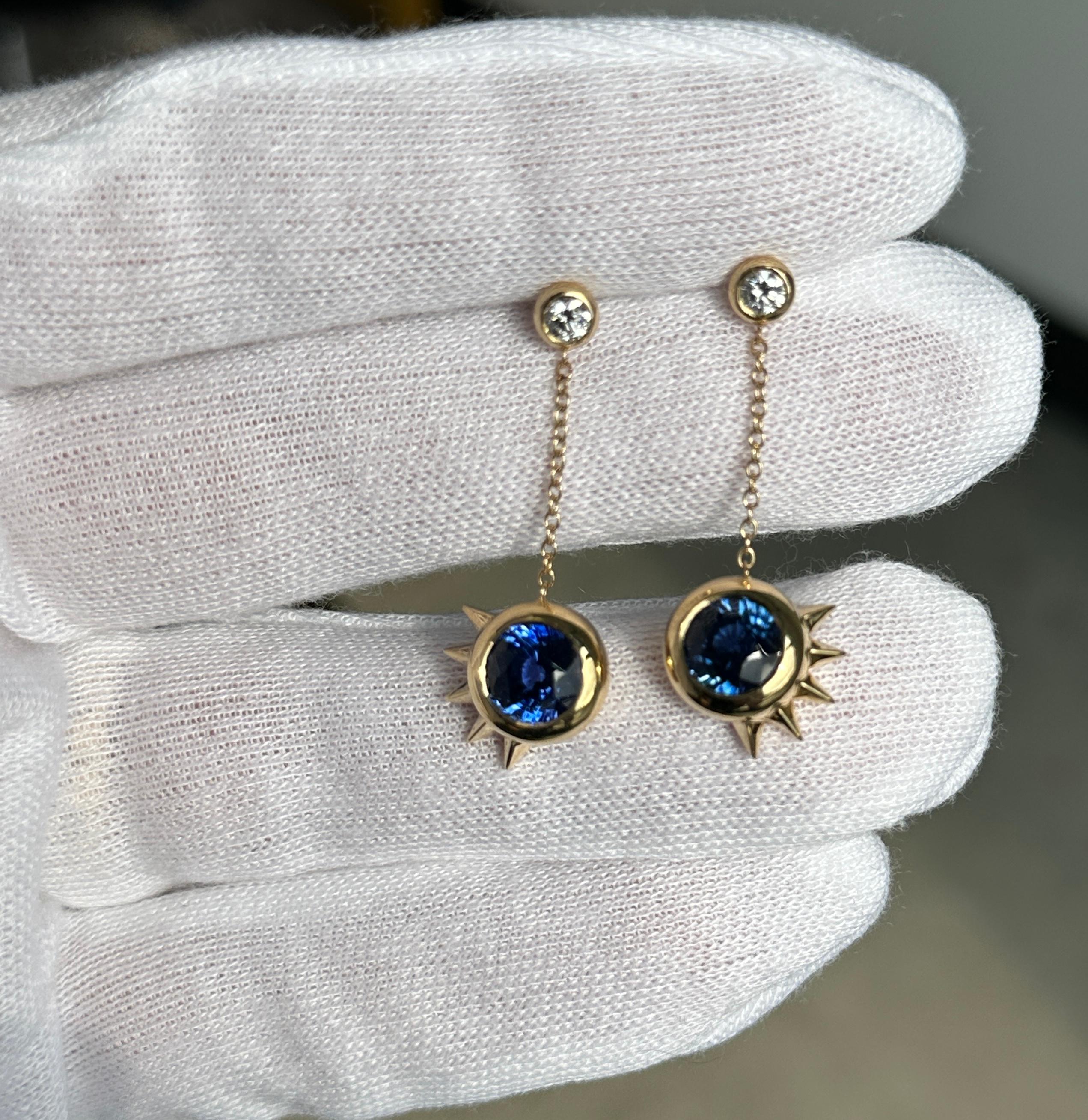 Donna Orecchini pendenti in oro giallo 18 carati con zaffiro e diamante dello Sri Lanka certificati GIA in vendita