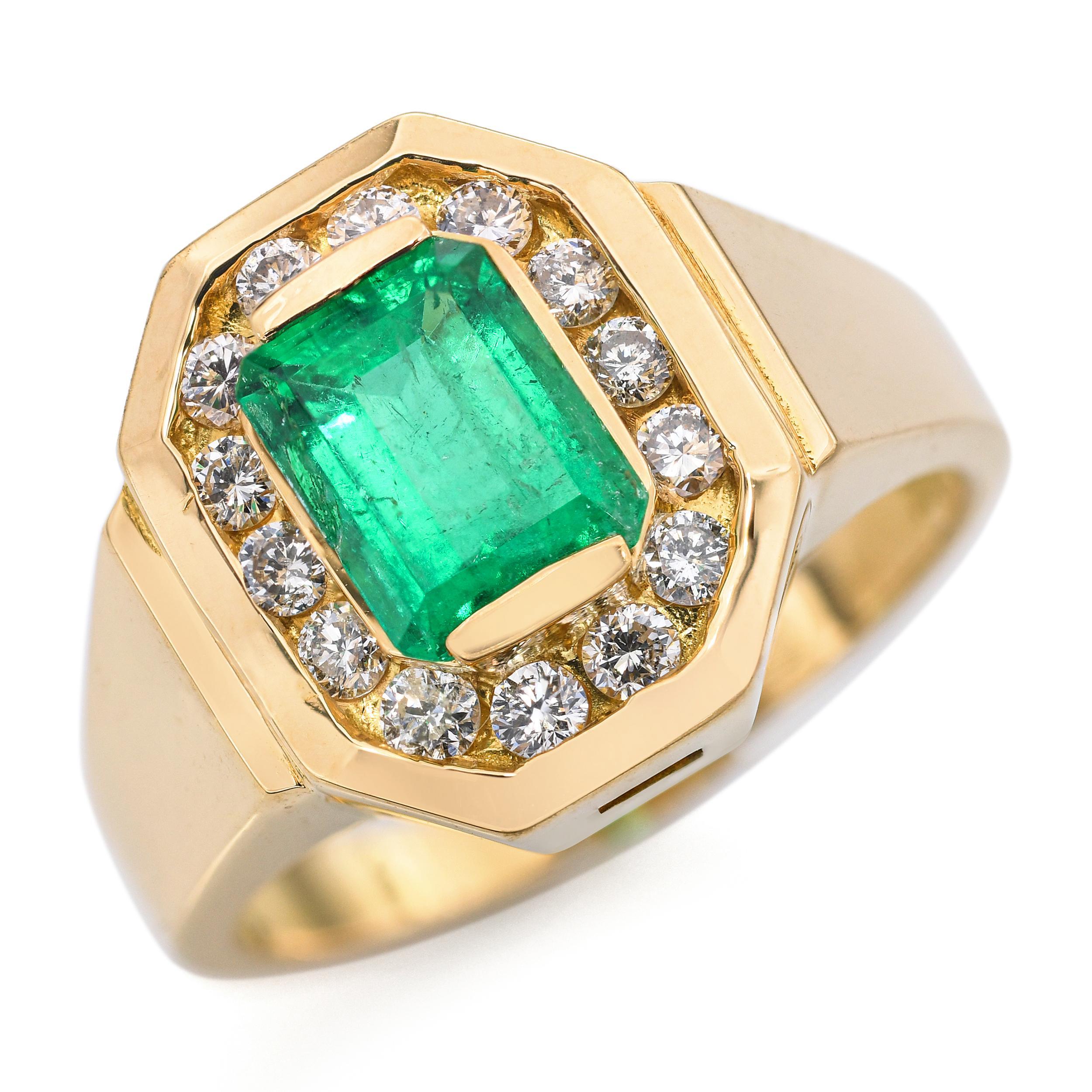 This elegant ring features a GIA-certified 1.78-carat Colombian emerald, set in warm 18k yellow gold and accented by 0.28 total carats of sparkling diamonds. The emerald showcases a deep, vibrant green hue with excellent transparency—graded F2