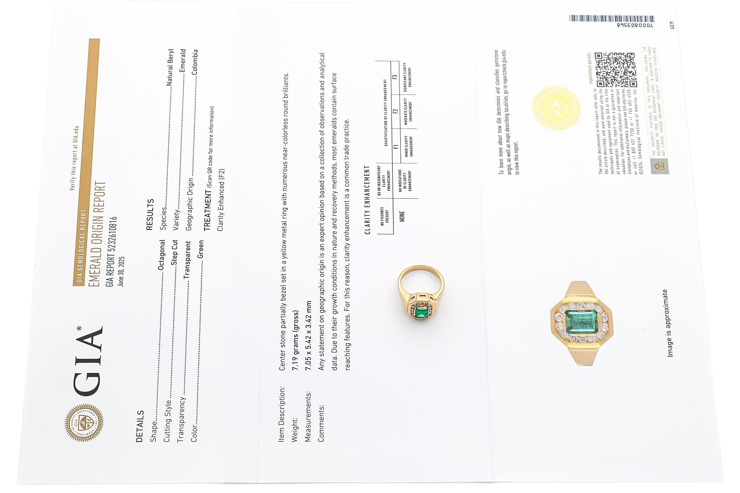 18K Yellow Gold GIA Colombian F2 Emerald & 0.28tcw Diamond Ring In Good Condition For Sale In New York, NY