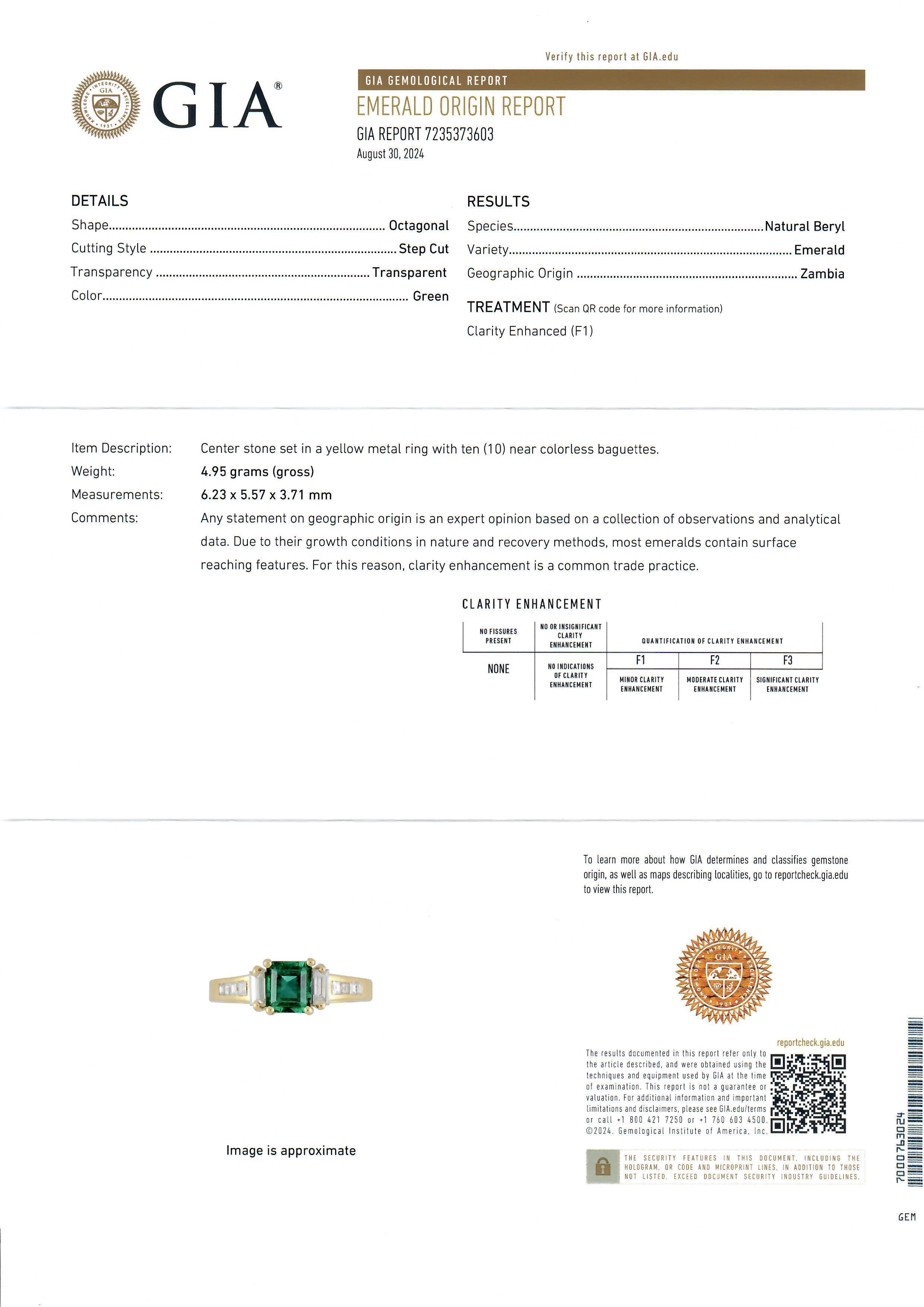 --Stone(s):--
(1) Natural Genuine Emerald - Octagonal Step Cut - Prong Set - Minor Oil - Vivid Green Color - Clean - Very Hight Quality - 0.90ct (approx. based on a the certification measurements)
** See Certification Details Below for Complete Info