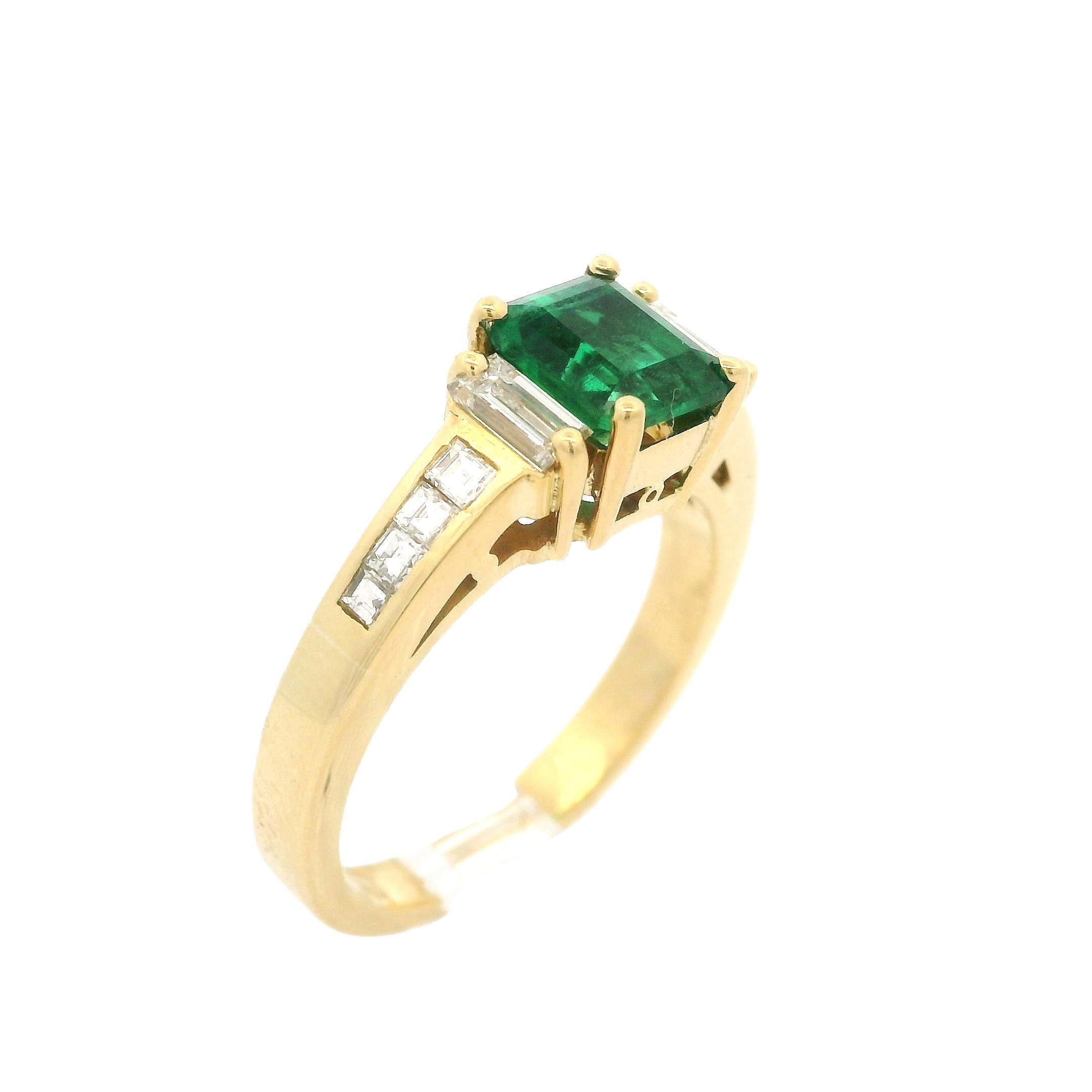 Square Cut 18k Yellow Gold GIA Graded 1.30ctw High Quality Emerald & Diamond Elegant Ring