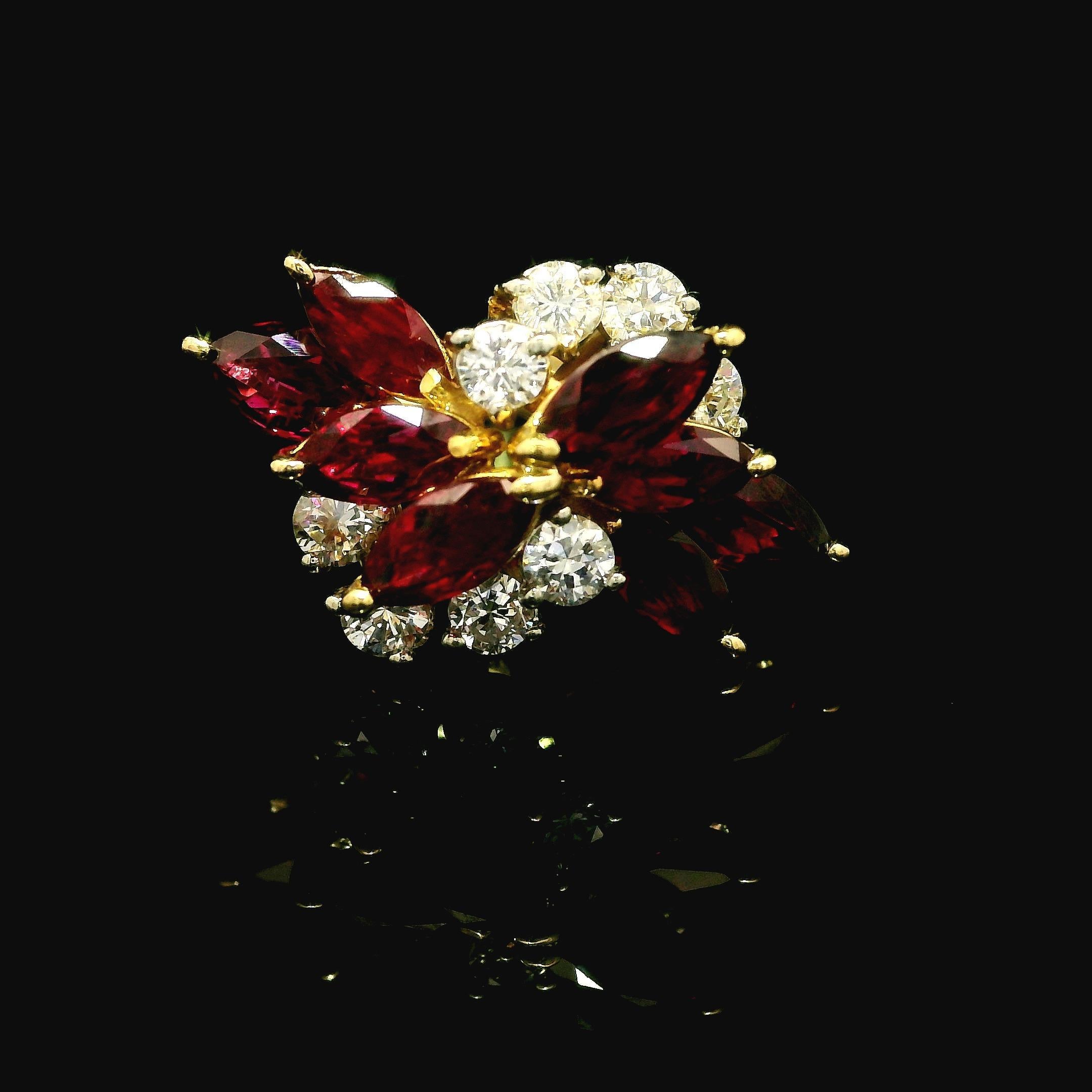 Bague en or jaune 18k GIA de haute qualité 2.86ctw No Heat Ruby & Diamond Spray Ring Pour femmes en vente