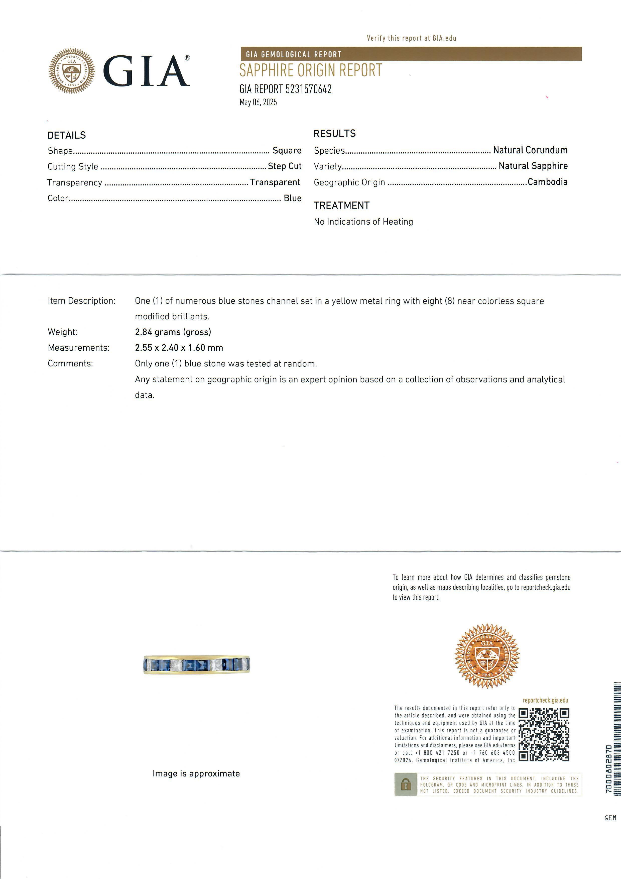 18 Karat Gelbgold GIA unbehandelter Saphir & Diamant Stack 3.3 mm Eternity-Ring (Carréeschliff) im Angebot