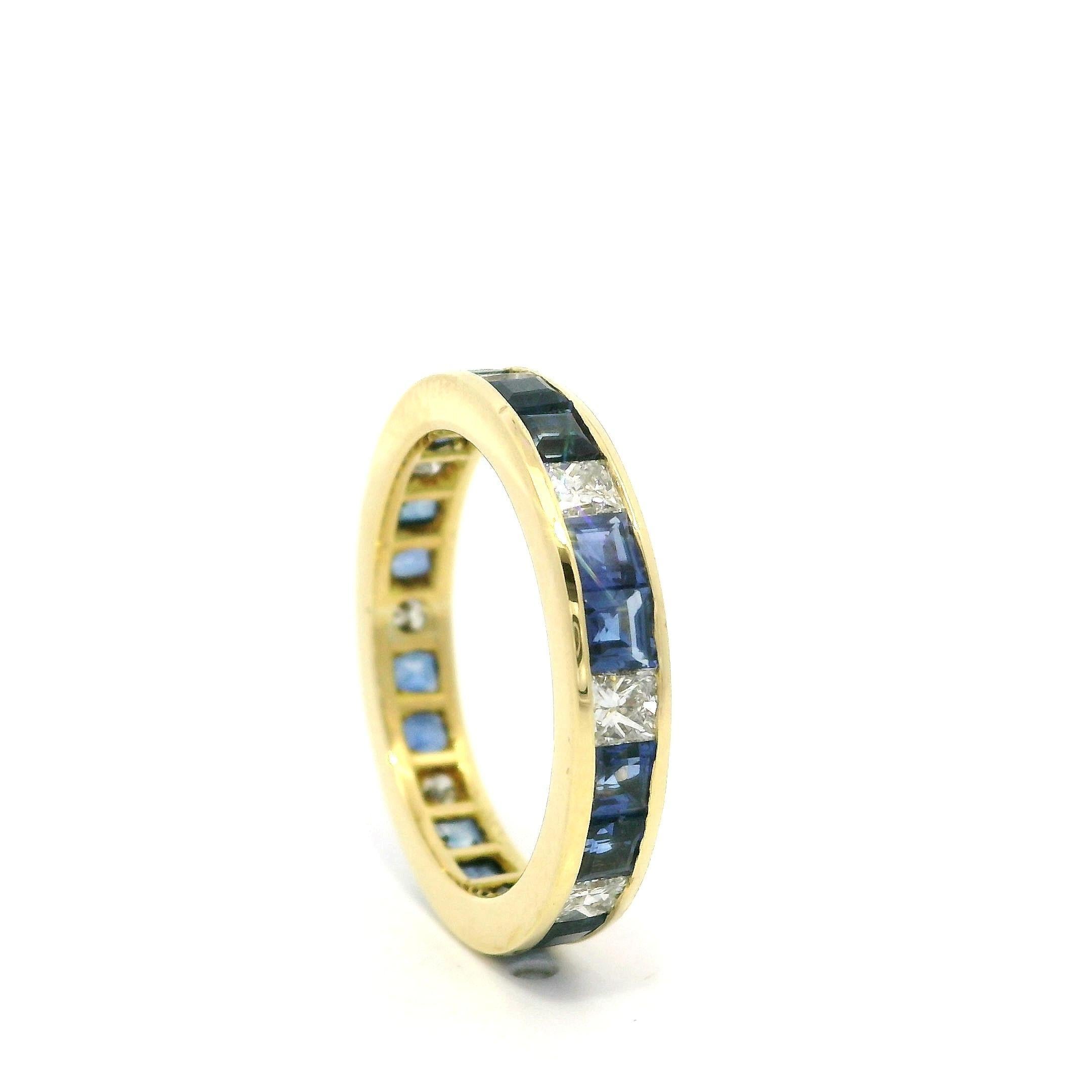 18 Karat Gelbgold GIA unbehandelter Saphir & Diamant Stack 3.3 mm Eternity-Ring Damen im Angebot