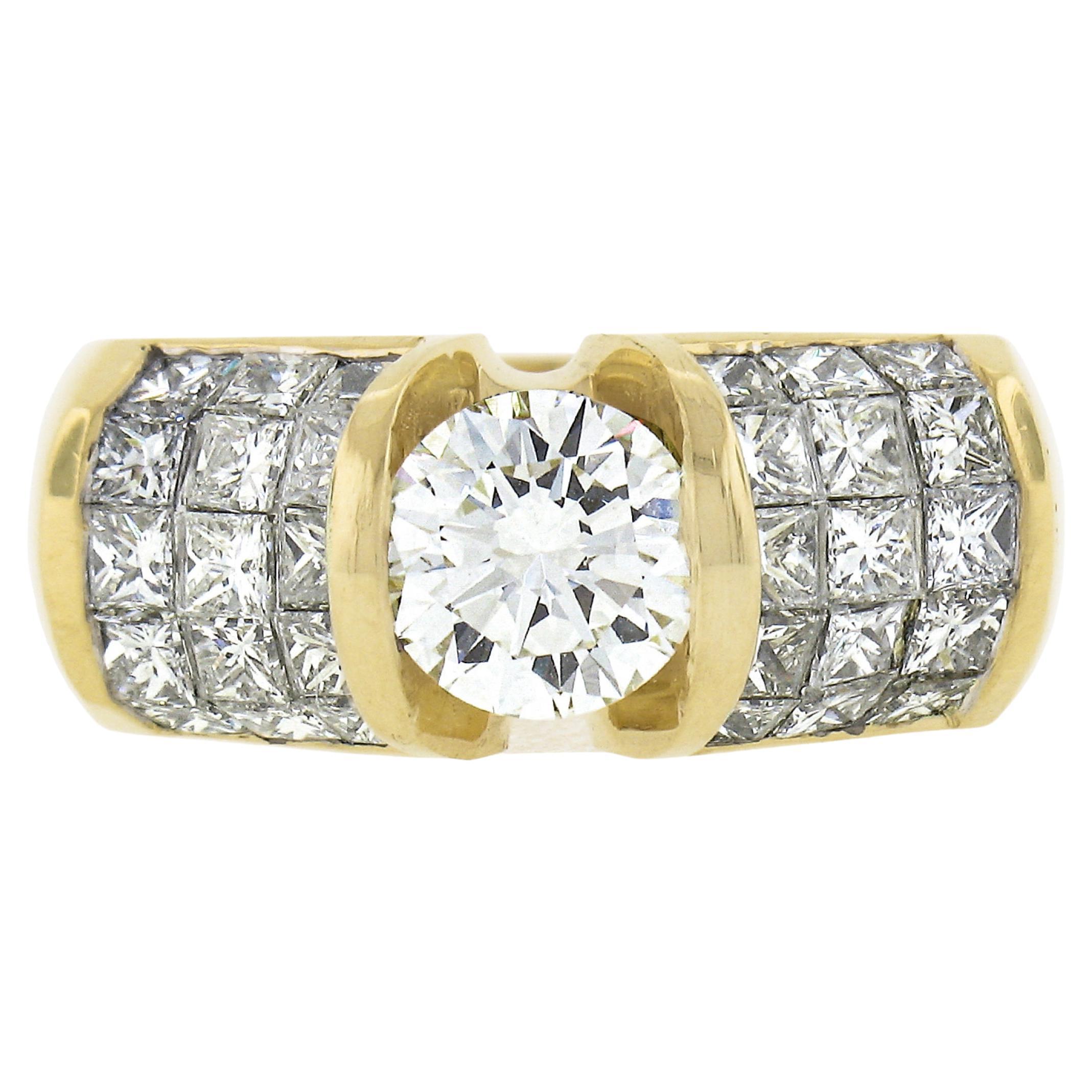18k Yellow Gold GIA Round Diamond Engagement Ring & Invisible Set Princess Sides