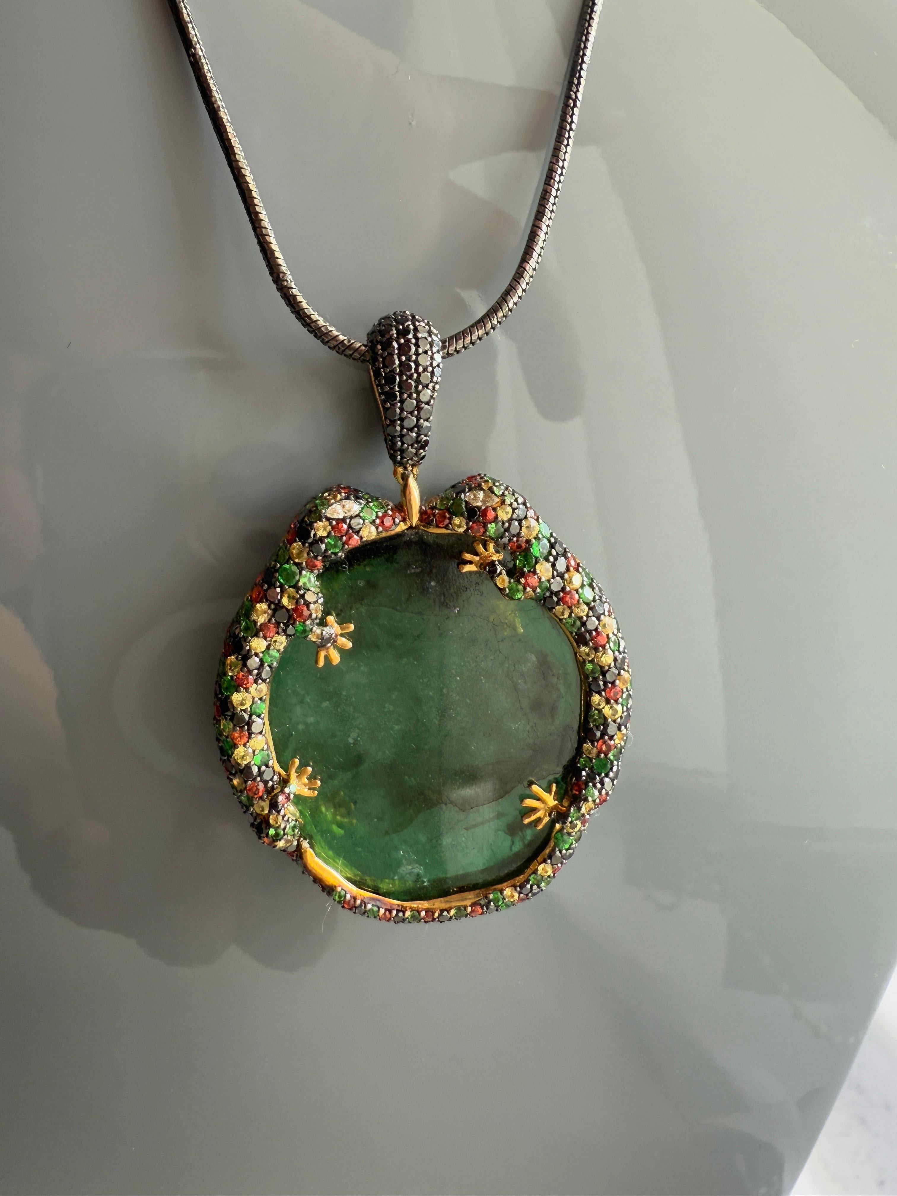 18K Yellow Gold Gila Pendant with Emeralds, Tsavorites, Sapphires and Diamonds For Sale 2