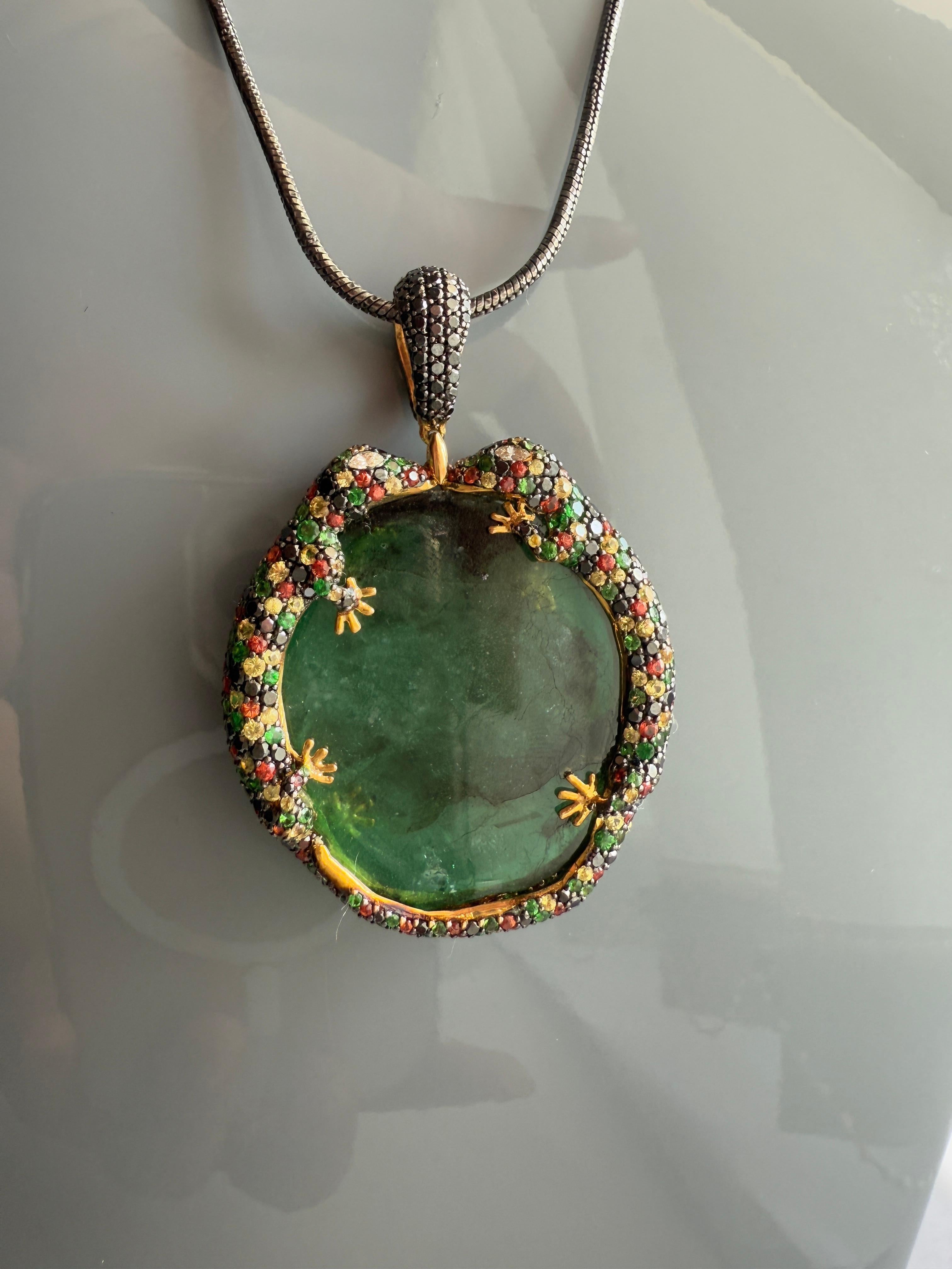 18K Yellow Gold Gila Pendant with Emeralds, Tsavorites, Sapphires and Diamonds For Sale 3