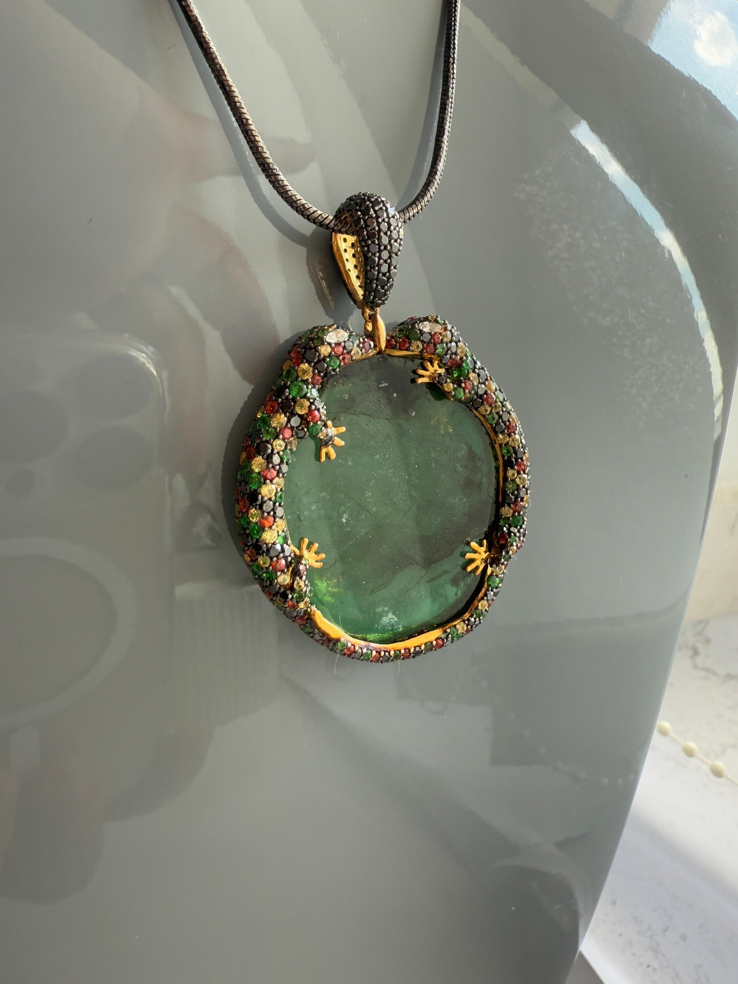 18K Yellow Gold Gila Pendant with Emeralds, Tsavorites, Sapphires and Diamonds For Sale 4