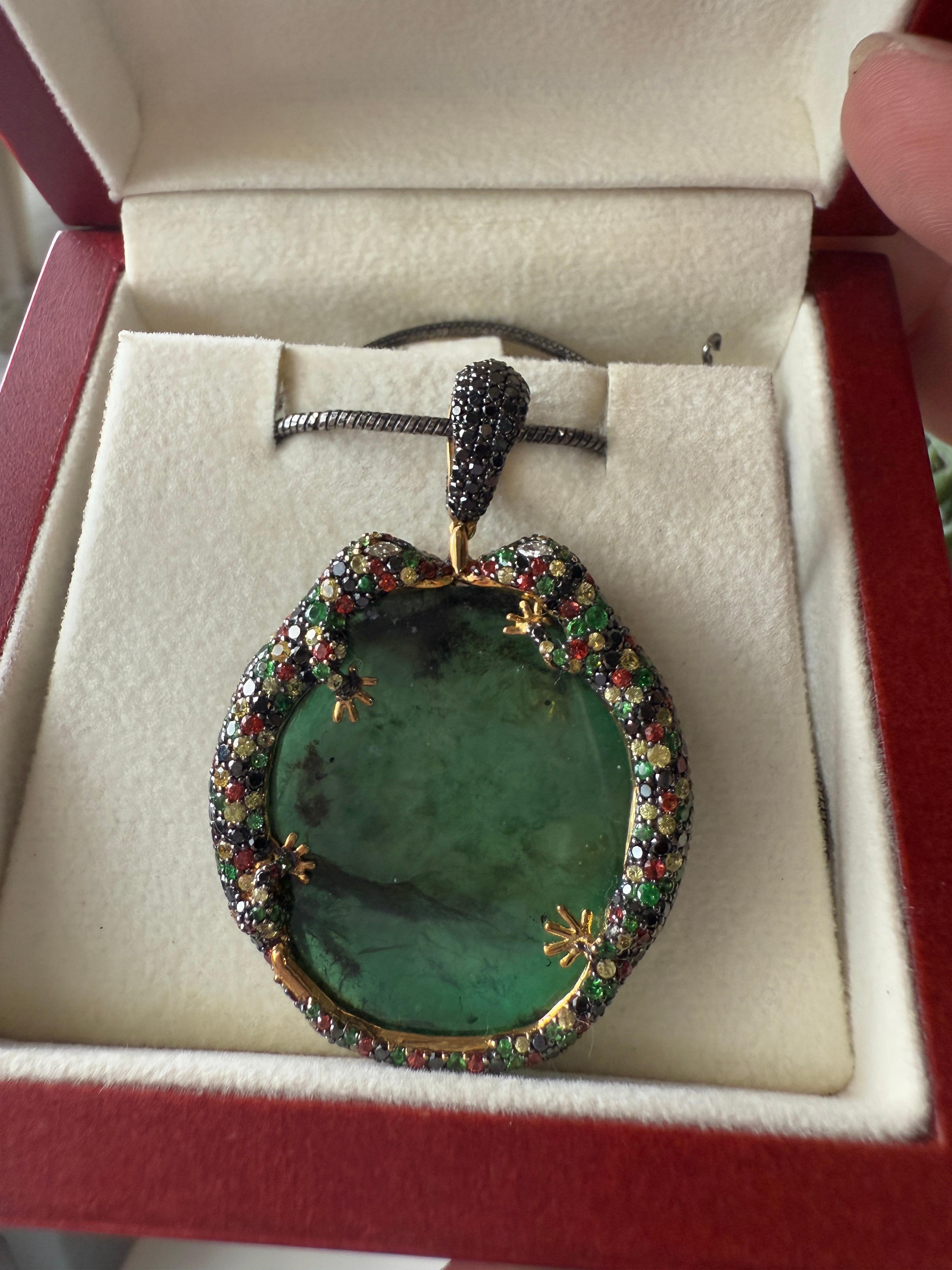 Round Cut 18K Yellow Gold Gila Pendant with Emeralds, Tsavorites, Sapphires and Diamonds For Sale