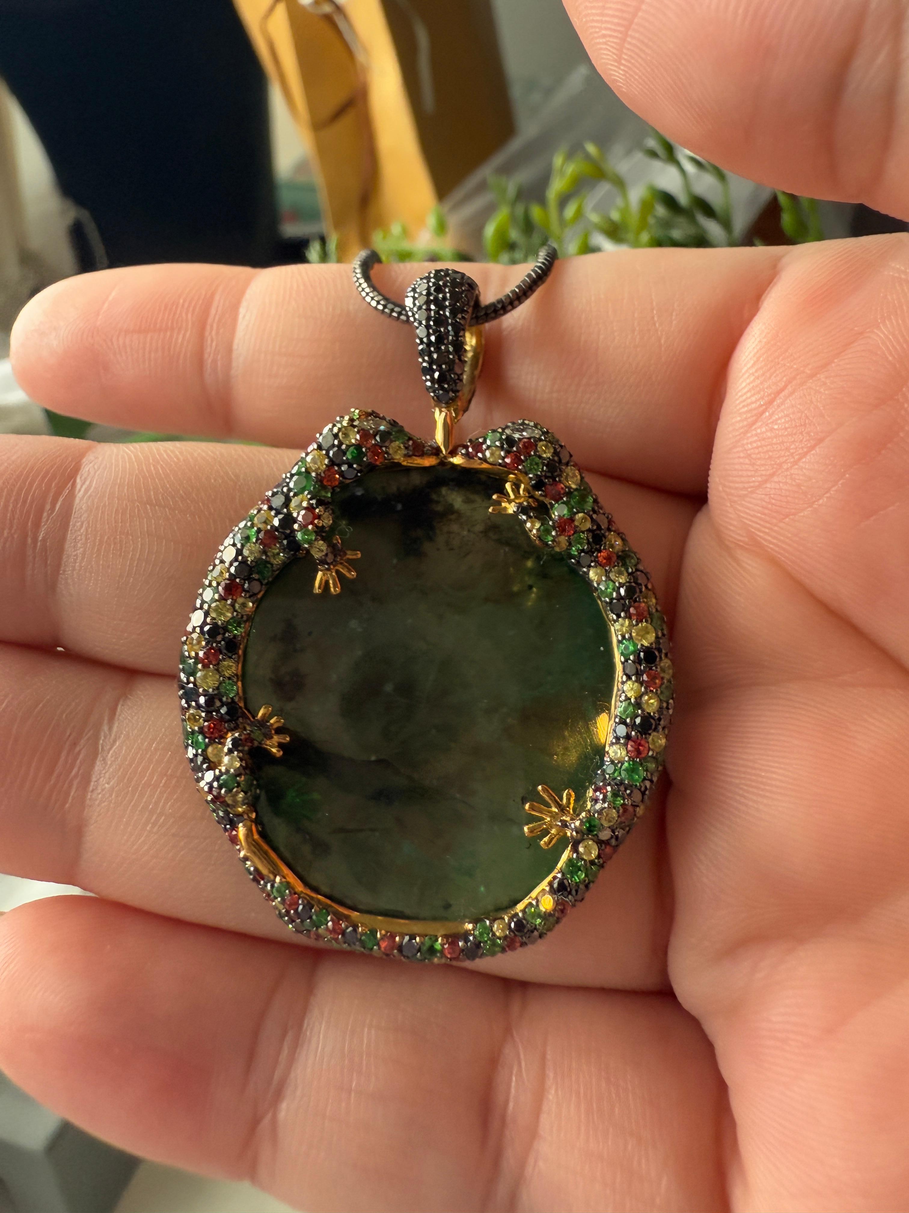 18K Yellow Gold Gila Pendant with Emeralds, Tsavorites, Sapphires and Diamonds For Sale 1