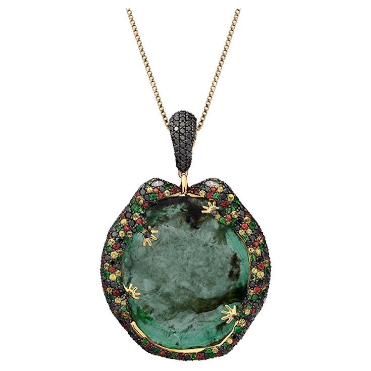 18K Yellow Gold Gila Pendant with Emeralds, Tsavorites, Sapphires and Diamonds For Sale