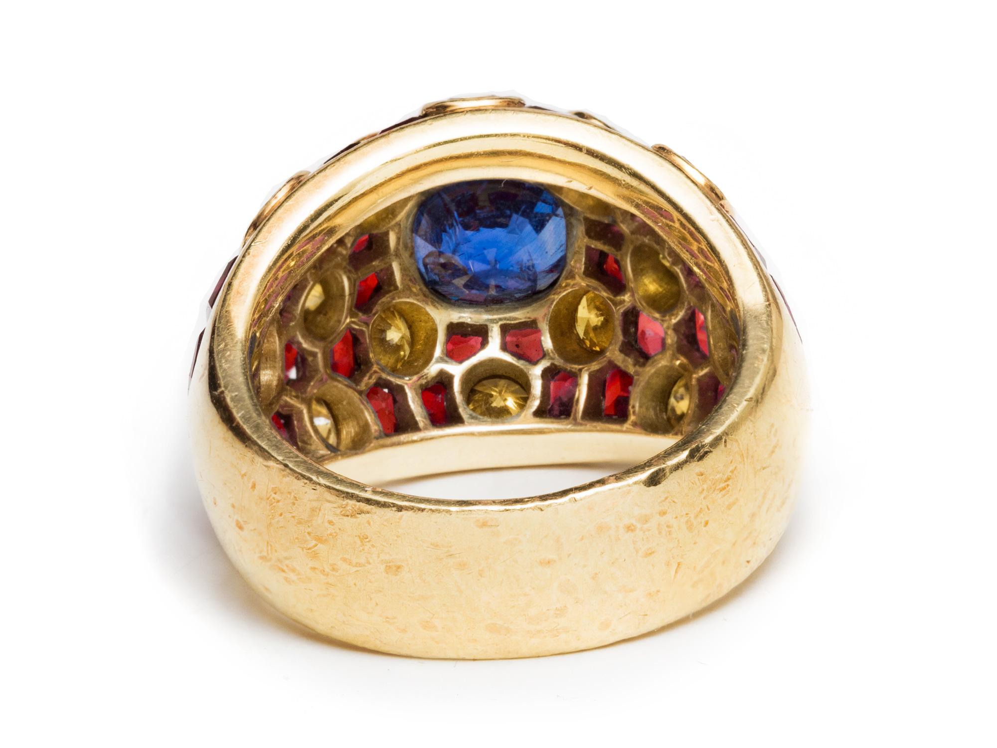 18k Yellow Gold Gold Ring with Sapphire, Ruby and Vivid Yellow Diamonds. For Sale 1