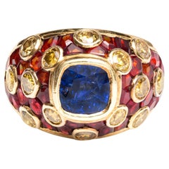 Vintage 18k Yellow Gold Gold Ring with Sapphire, Ruby and Vivid Yellow Diamonds.