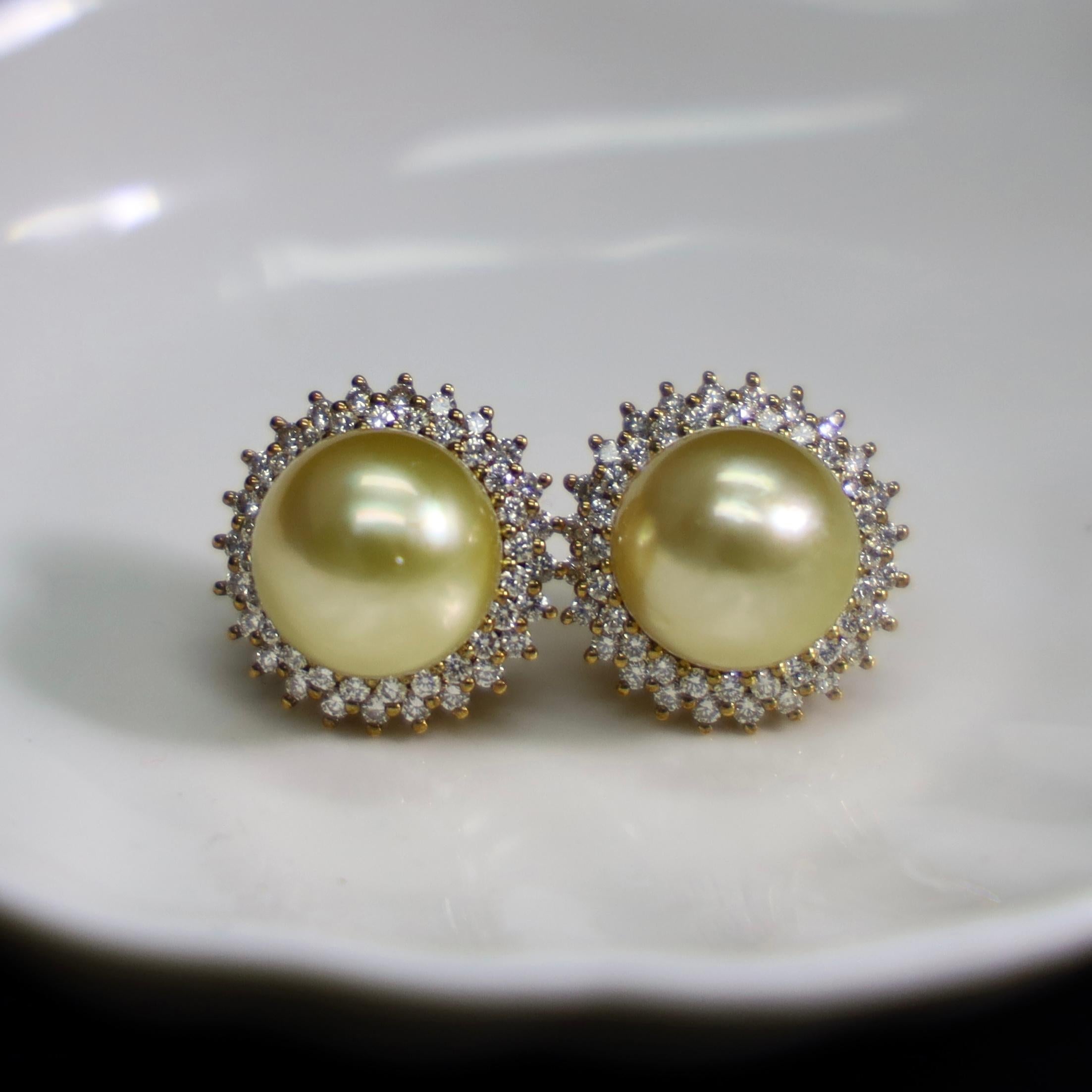 Modern 18K Yellow Gold Golden South Sea Pearl & Diamond Earrings For Sale