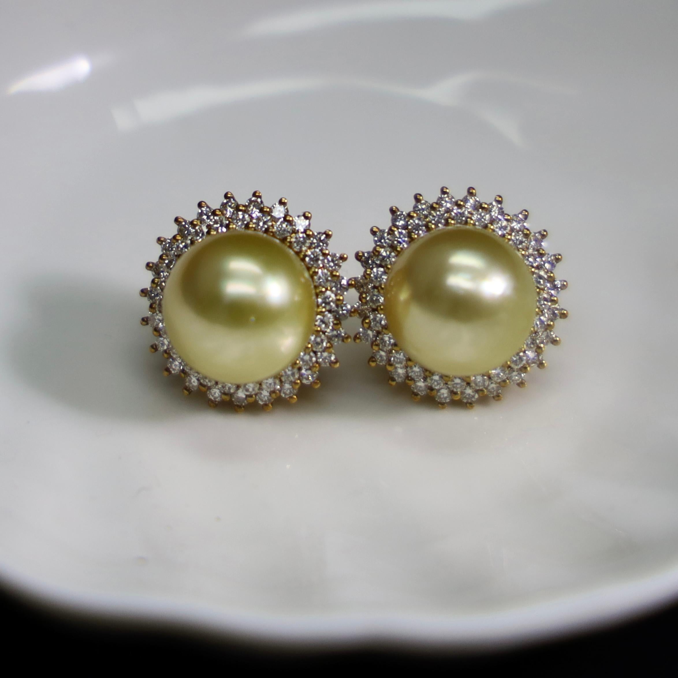 Women's or Men's 18K Yellow Gold Golden South Sea Pearl & Diamond Earrings For Sale