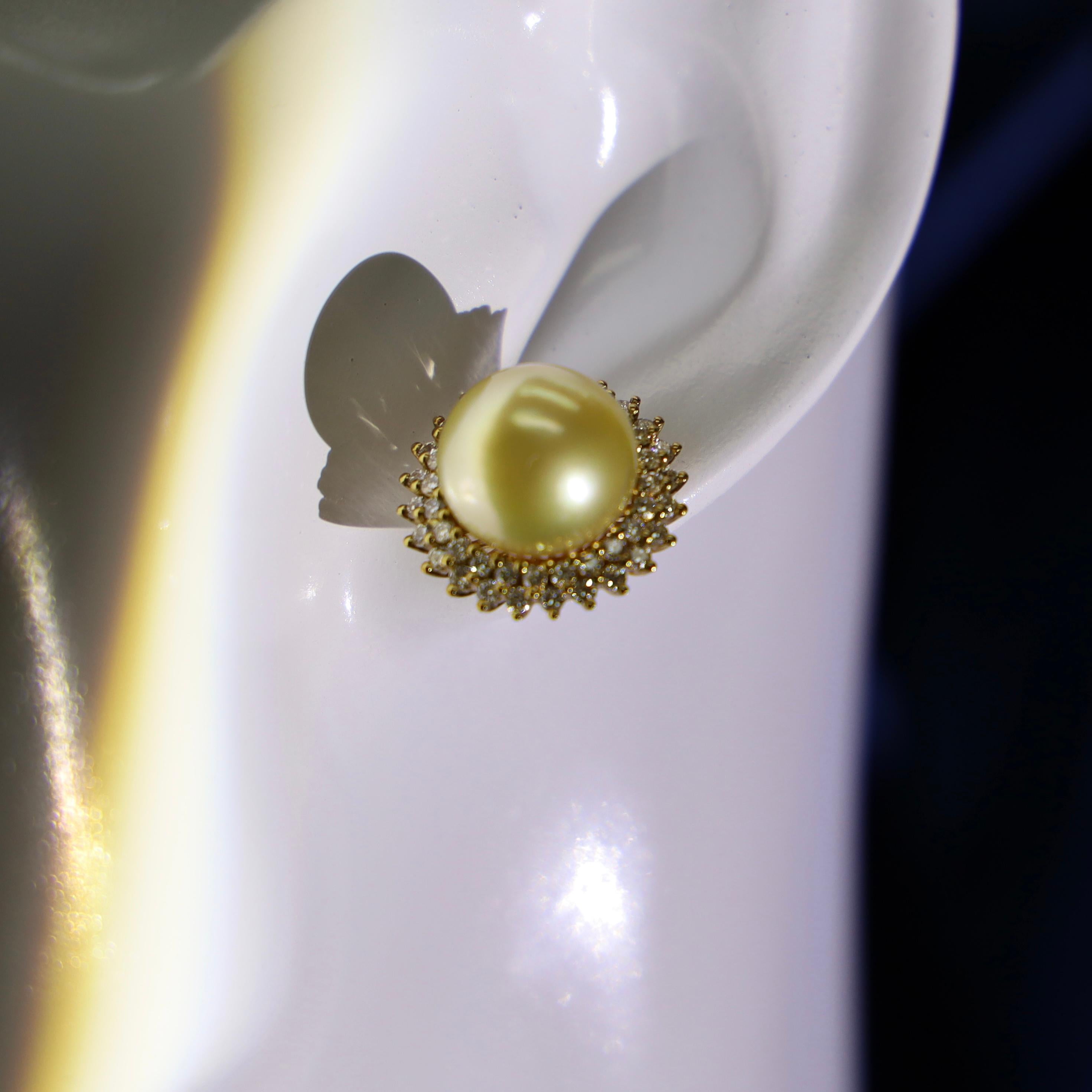 18K Yellow Gold Golden South Sea Pearl & Diamond Earrings For Sale 1