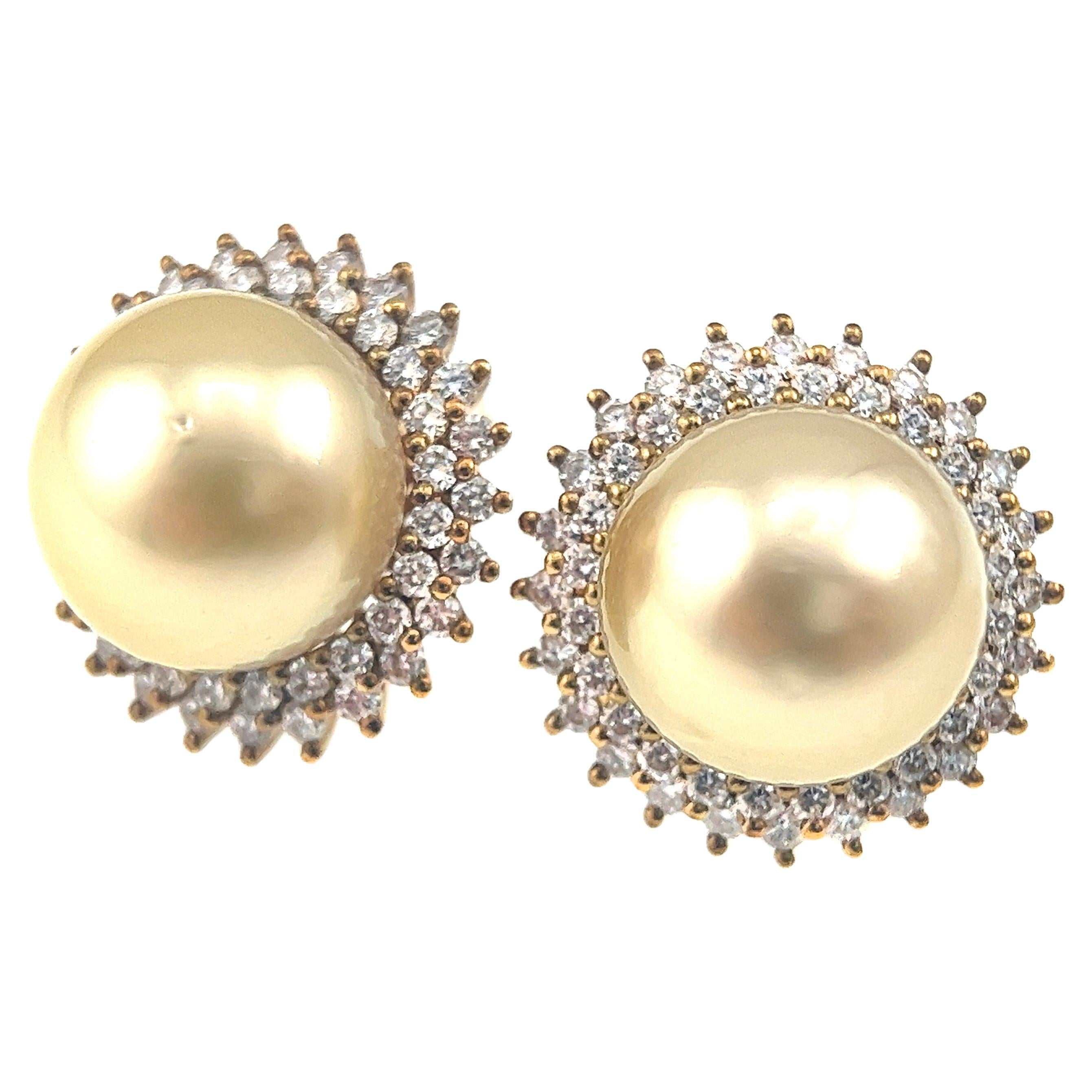 18K Yellow Gold Golden South Sea Pearl & Diamond Earrings