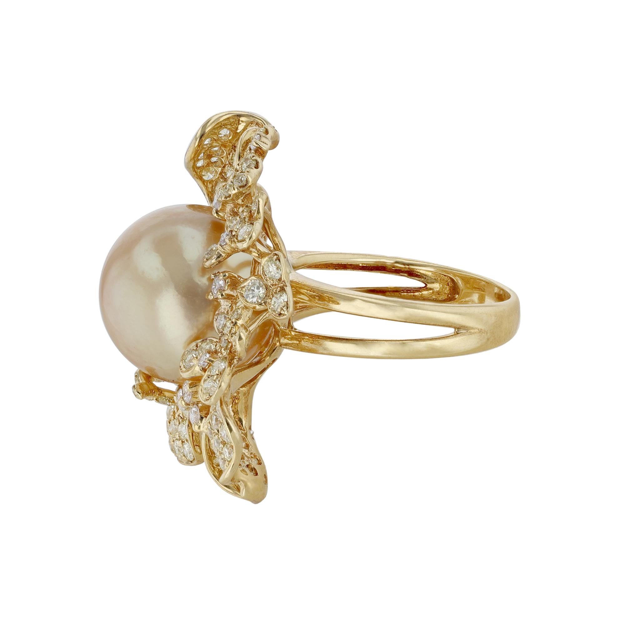 Contemporary 18K Yellow Gold Golden South Sea Pearl Diamond Floral Cocktail Ring For Sale
