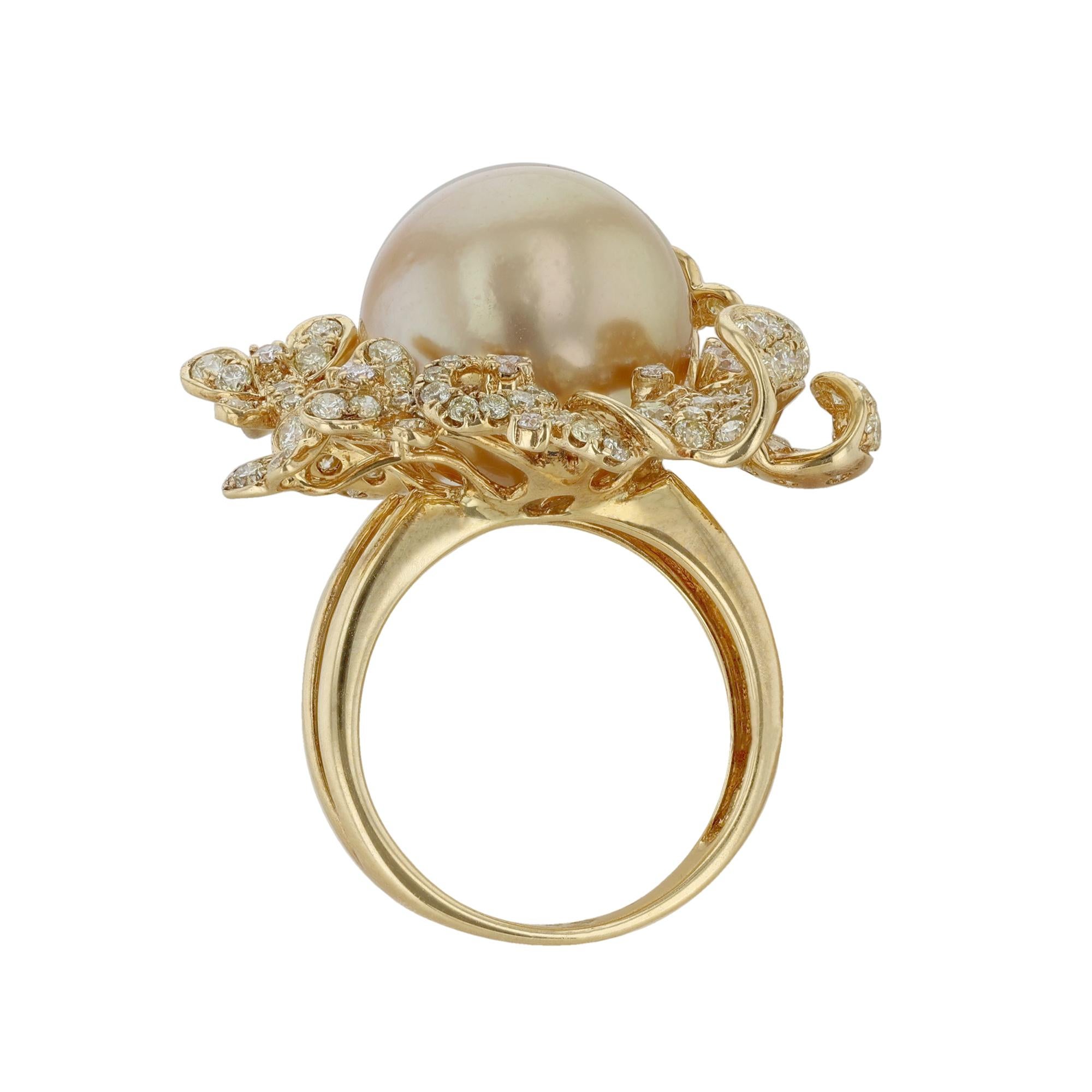 Round Cut 18K Yellow Gold Golden South Sea Pearl Diamond Floral Cocktail Ring For Sale