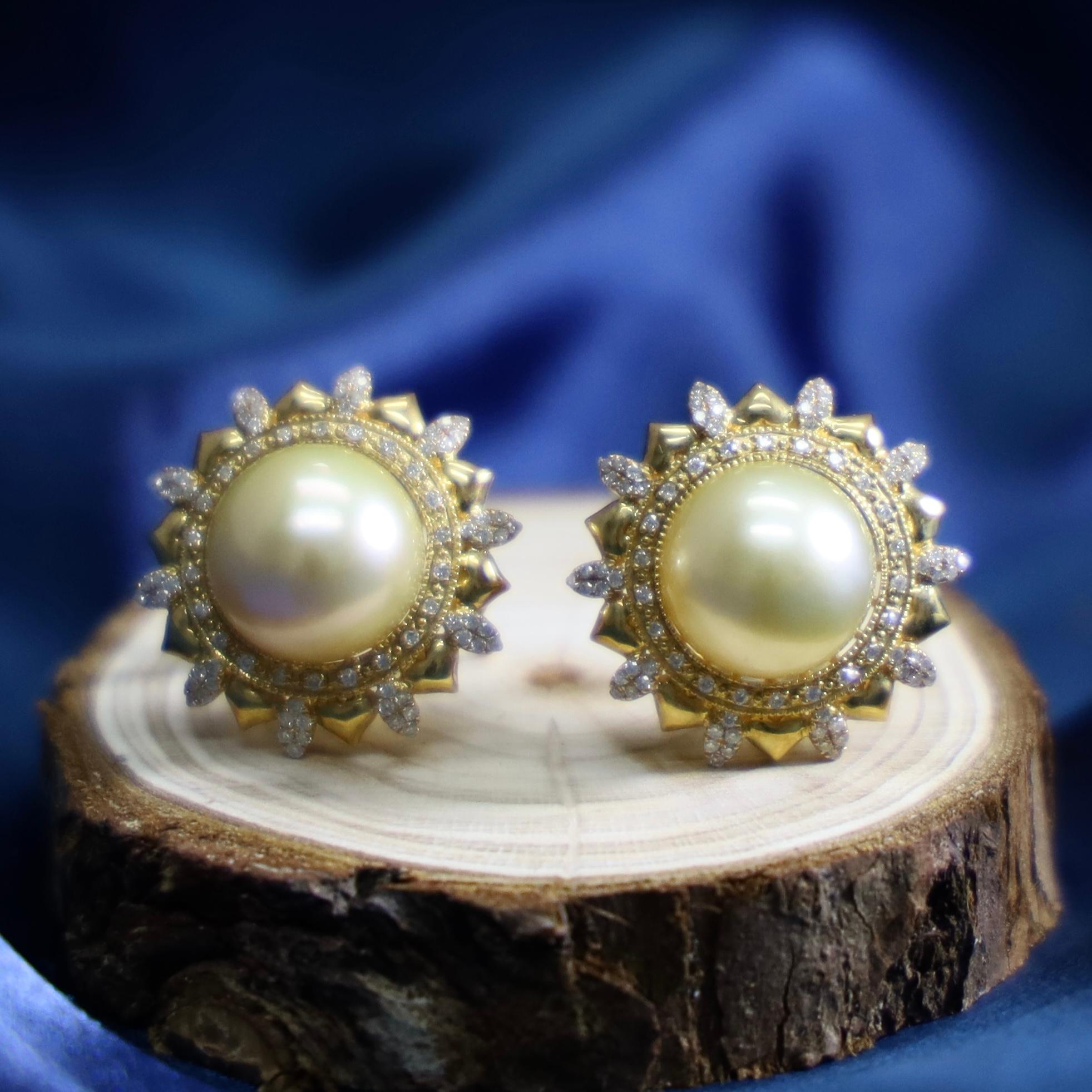 Modern 18K Yellow Gold Golden South Sea Pearl & Natural Diamond Earrings For Sale