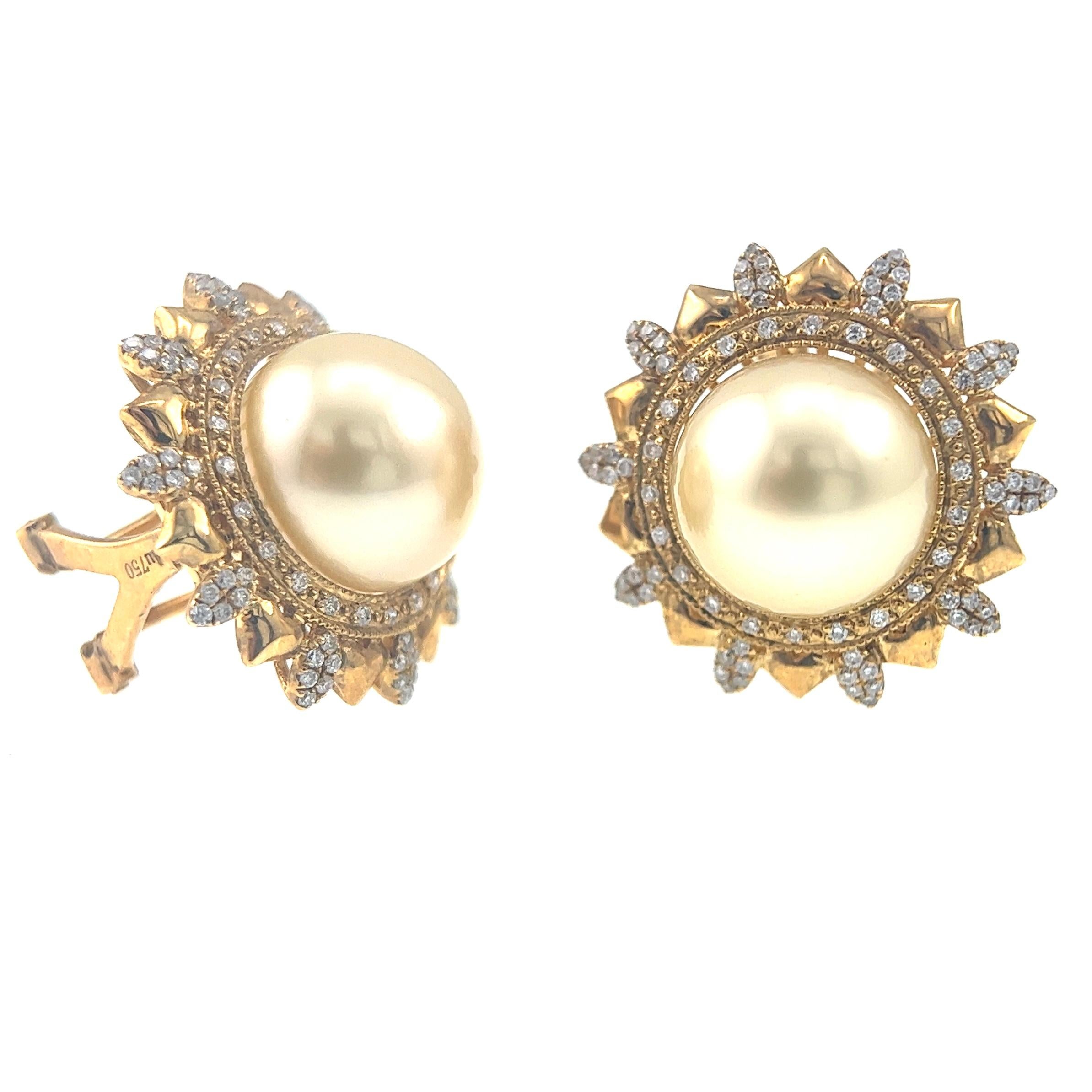 Women's or Men's 18K Yellow Gold Golden South Sea Pearl & Natural Diamond Earrings For Sale