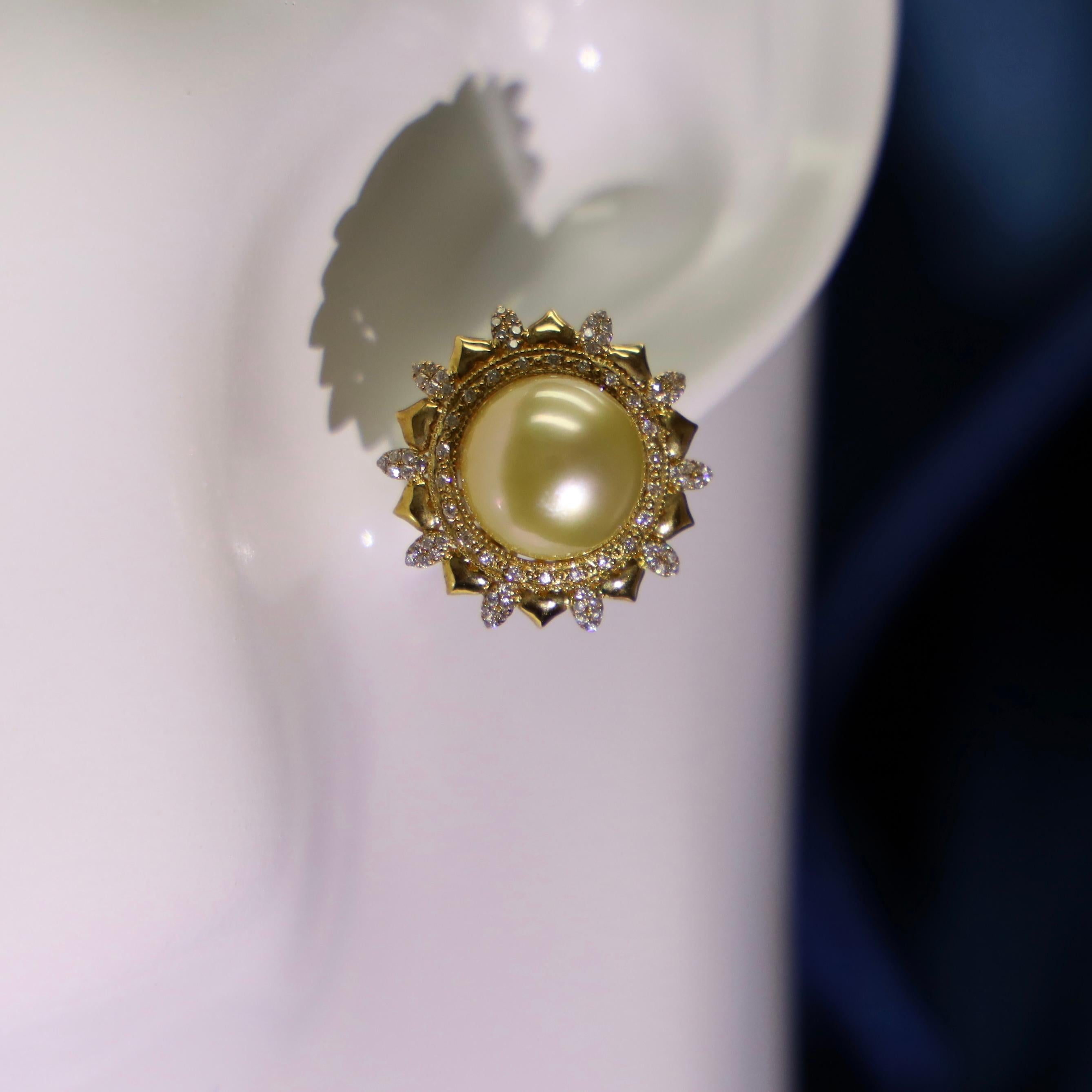 18K Yellow Gold Golden South Sea Pearl & Natural Diamond Earrings For Sale 2