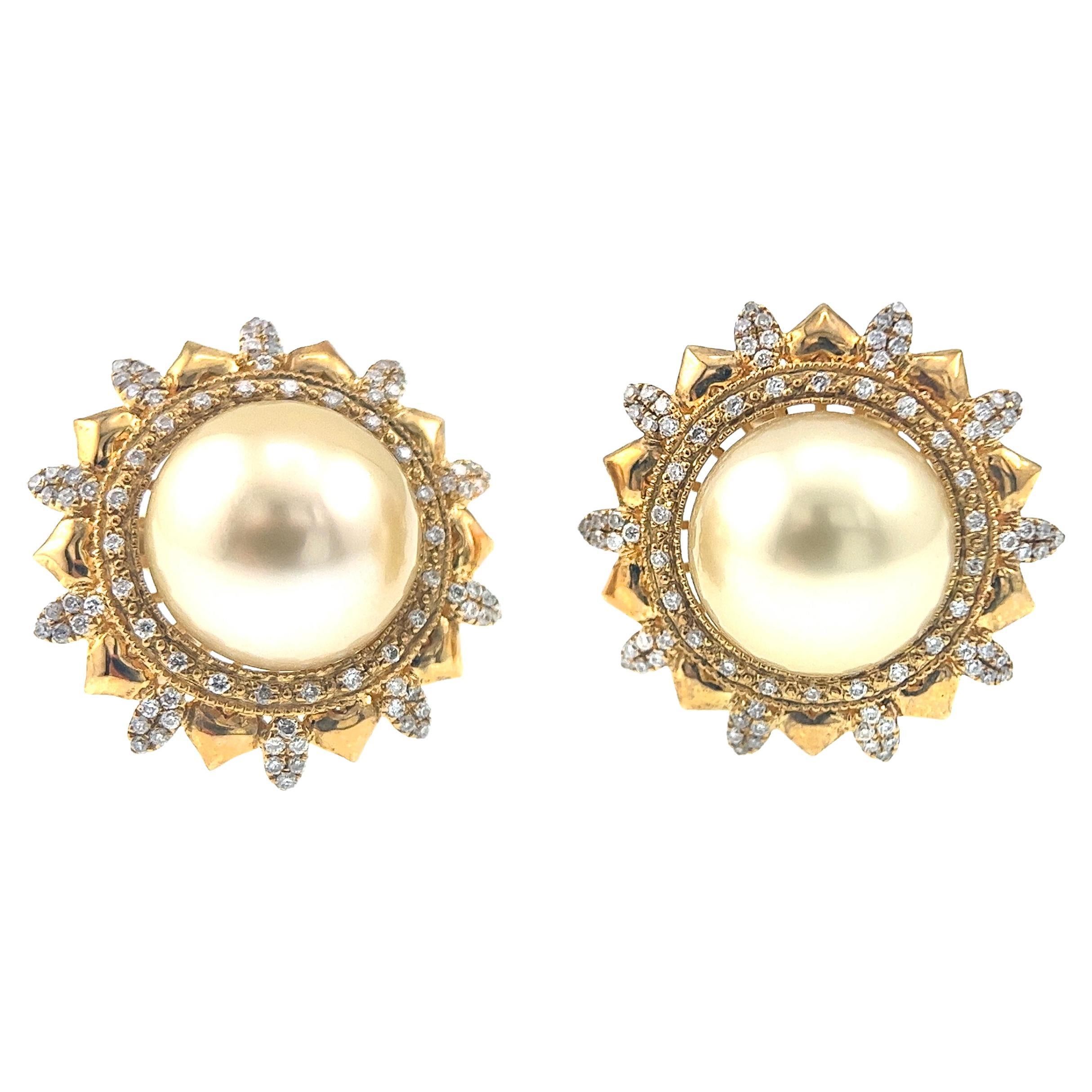 18K Yellow Gold Golden South Sea Pearl & Natural Diamond Earrings