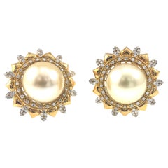 18K Yellow Gold Golden South Sea Pearl & Natural Diamond Earrings