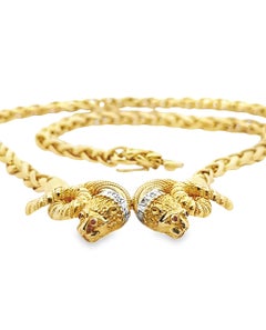 18K Yellow Gold Greek Inspired Lion Byzantine Chain Necklace, Diamonds & Rubies