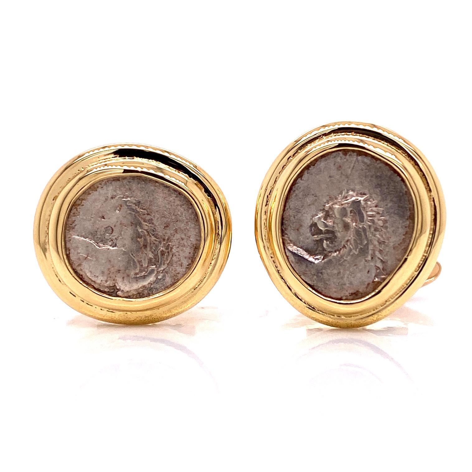 A pair of 18k yellow gold cufflinks set with Greek lion coins ( Thrace, Chersonesos). These cufflinks were made and designed by llyn strong.