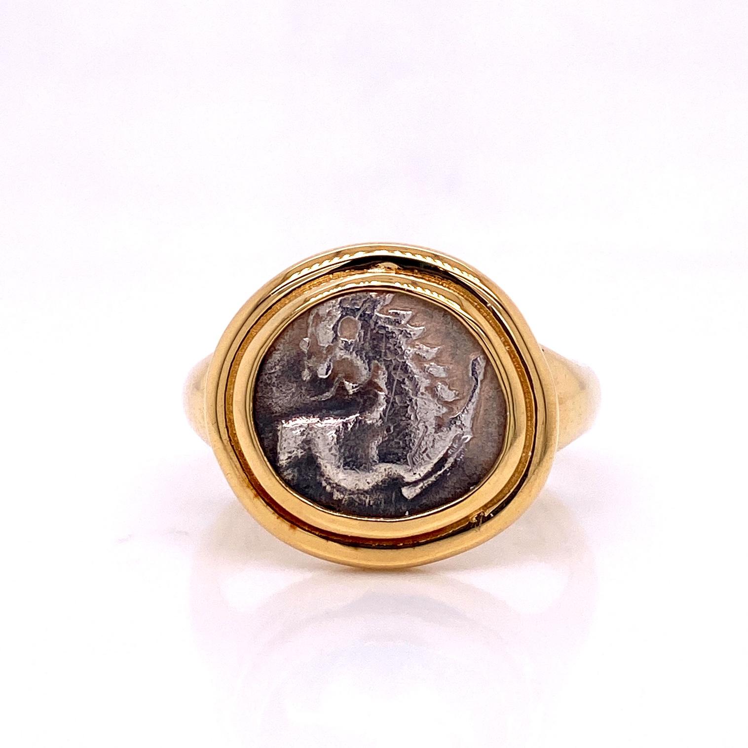 Contemporary 18 Karat Yellow Gold Greek Lion Coin Men's Ring