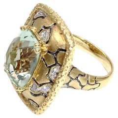18K Yellow Gold Green Amethyst and Diamond Ring